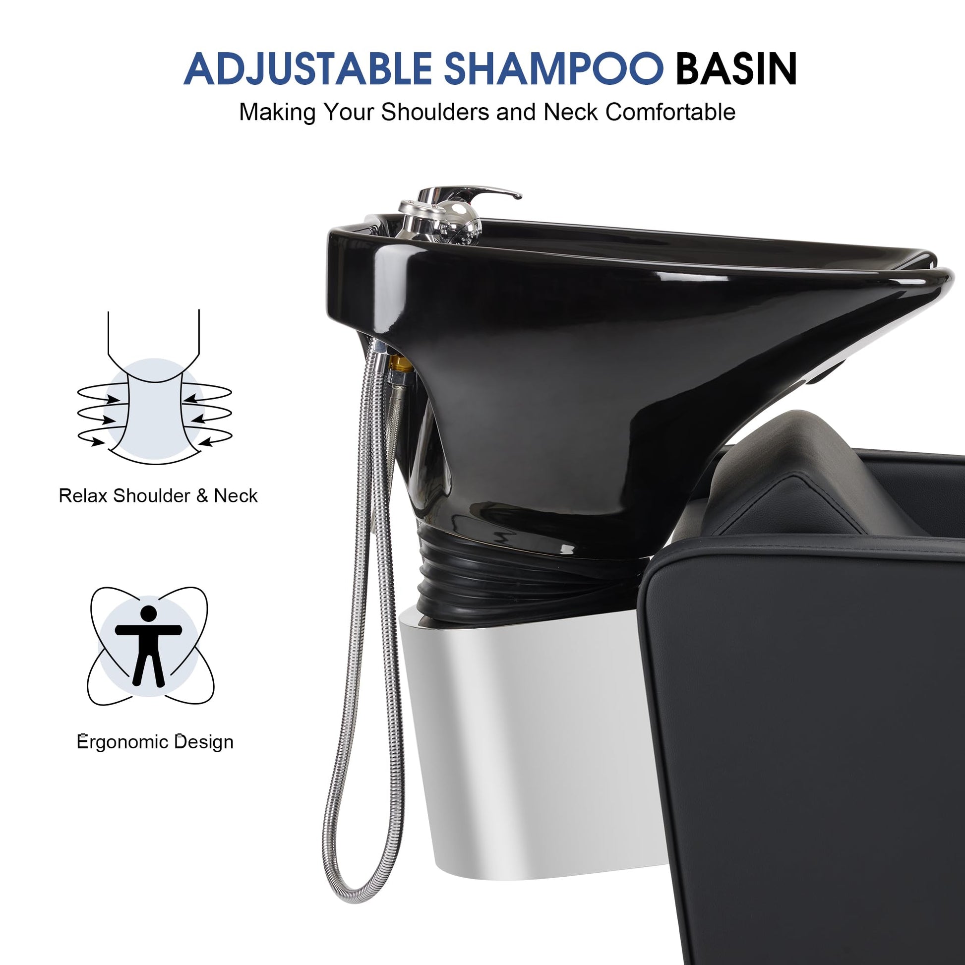 White Smoke BarberPub Backwash Shampoo Station Chair, Adjustable Porcelain Ceramic Hair Wash Bowl Sink Unit Station, Reclining Shampoo Station Chair for Spa Beauty Salon Hair Salon Equipment 9303 (Black)