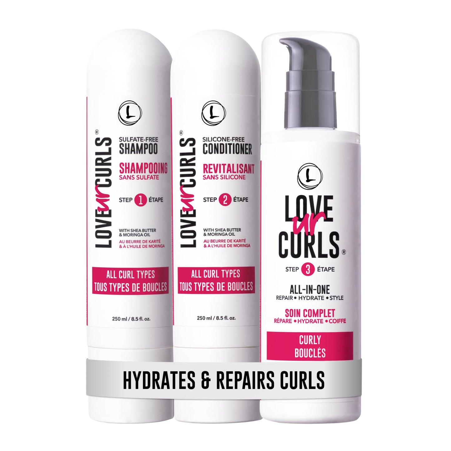 White Smoke Love Ur Curls - Shampoo & Conditioner Set with All in One Curl Cream Styler for Curly Hair, 3 Step System for Repair and Moisturizing