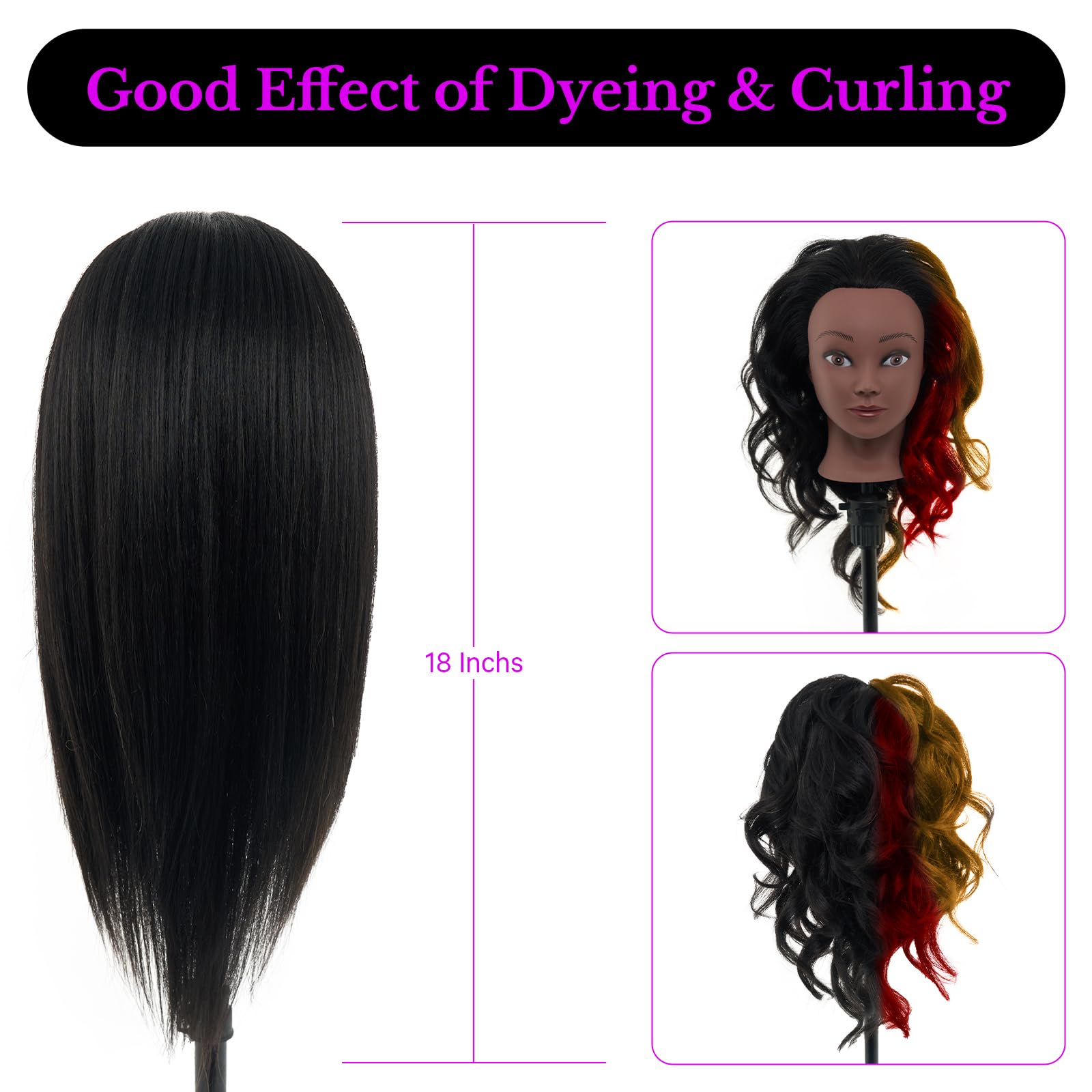 White Smoke 18" Mannequin Head Human Hair with Stand - 100% Real Human Hair Mannequin Head for Braiding, Cosmetology Manikin Doll Head for Hair Styling with Tripod Stand Table Clamp Hair Braiding Set,Black