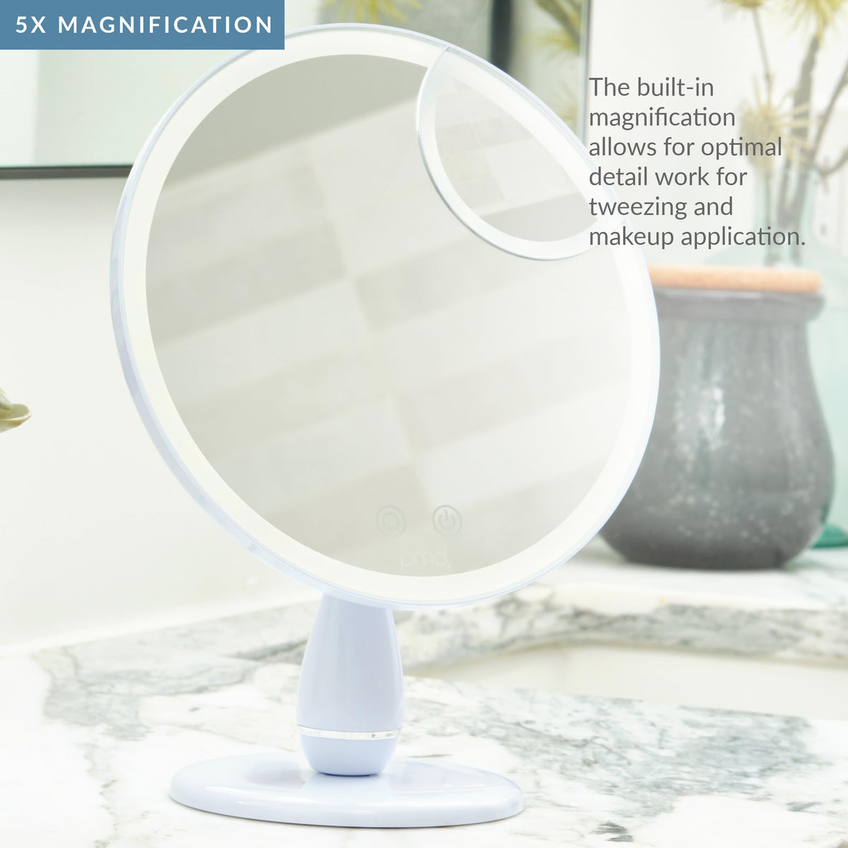 Lavender PMD Beauty LED Makeup Mirror with Lights - TriLume Technology - Handheld Vanity Mirror - Three Modes, 360° Rotation, 5X Magnification, Travel Ready - with Review Serum