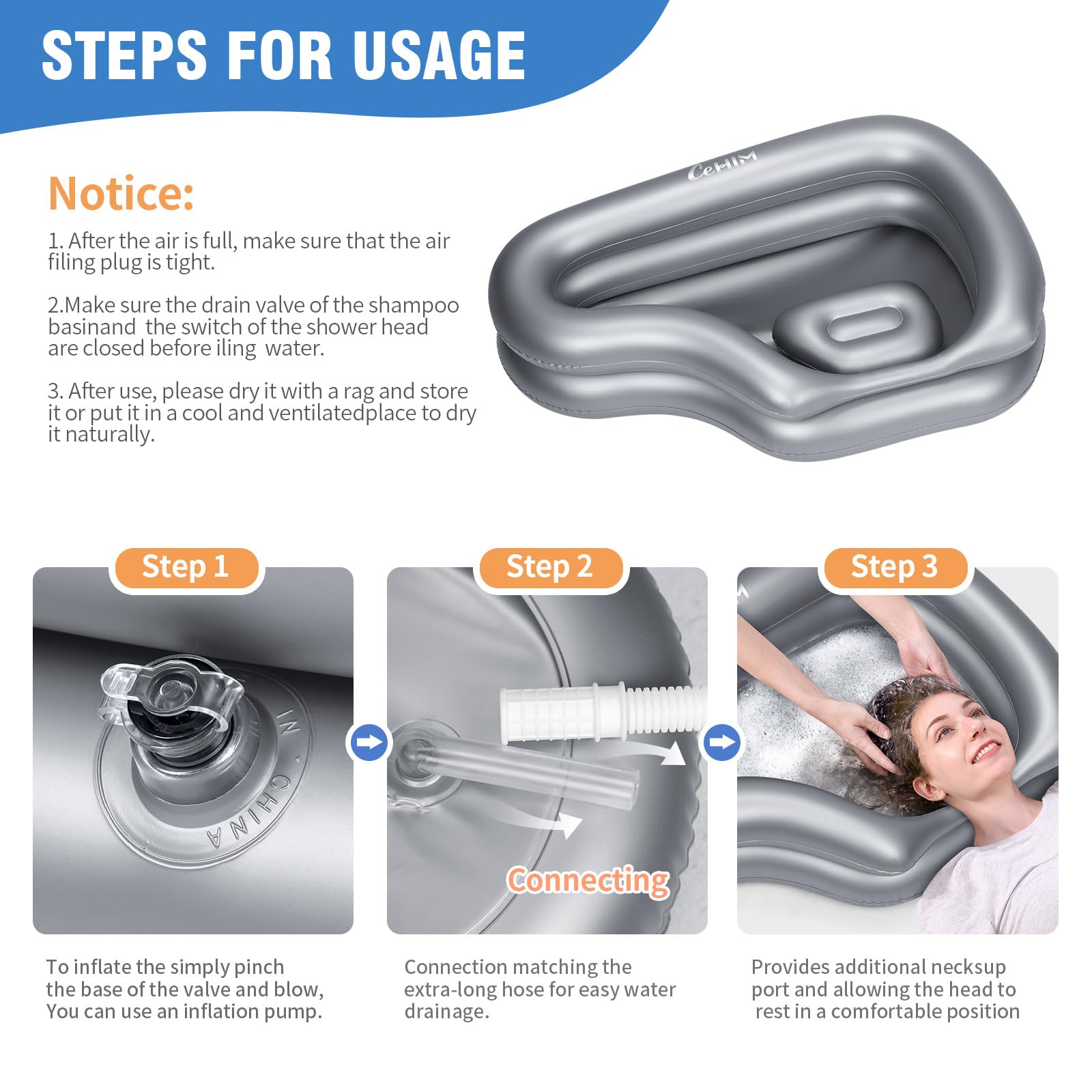 White Smoke Inflatable Portable Shampoo Bowl, Hair Washing Bowl with Drain Hose & Neck Support, PVC Inflatable Shampoo Bowl for Bedridden Patients, Disabled, Seniors, Kids, Home Care