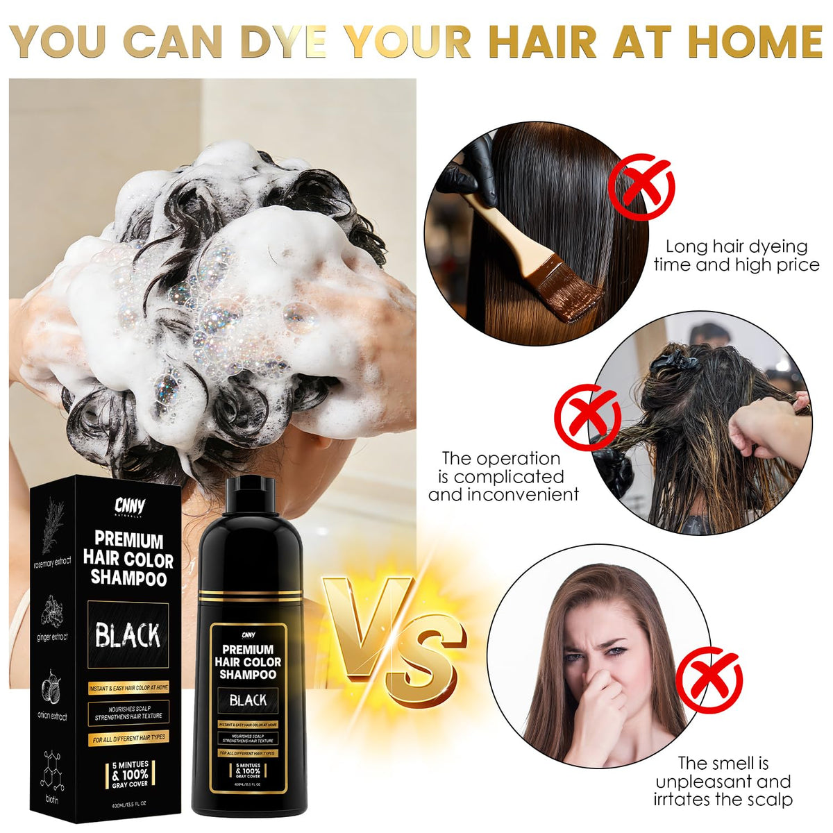 White Smoke CNNY Black Hair Dye Shampoo for Covers Gray Hair 13.5 oz