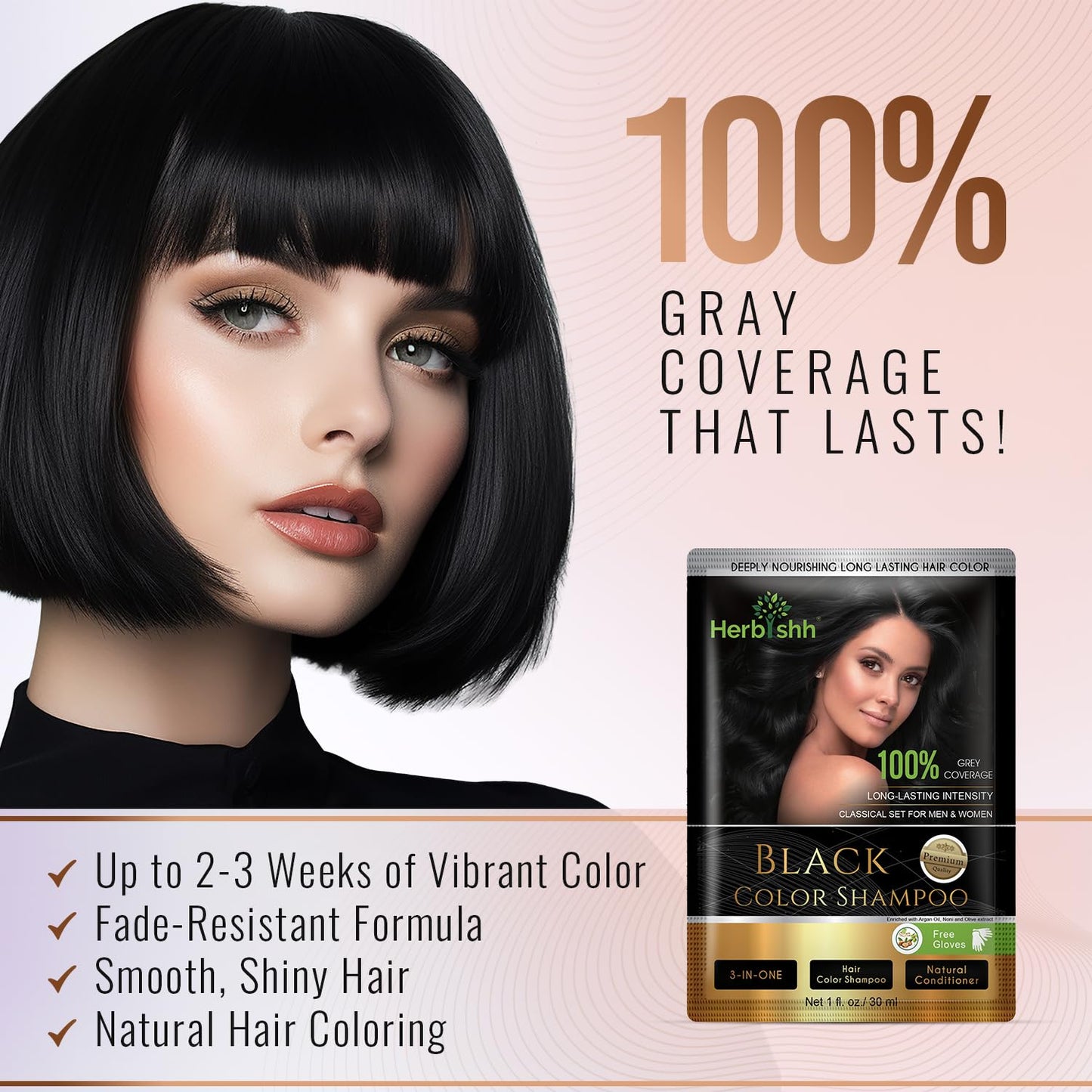 Black Herbishh Natural Hair Dye Shampoo with Argan Mask - Long-Lasting Color for Gray Hair - Travel Size, 10+1 Pack, Ammonia-Free (Black)