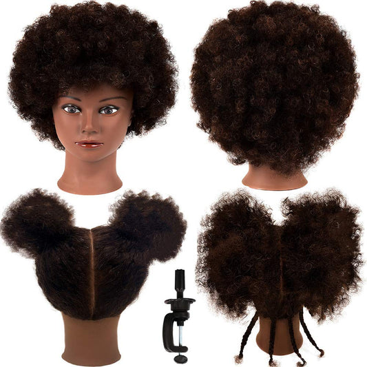 White Smoke MORRIS 10” Human Hair Training Afro Mannequin Head – Short Curly Hair for Beginners to Practice Braiding, Cutting, Styling – Includes Clamp