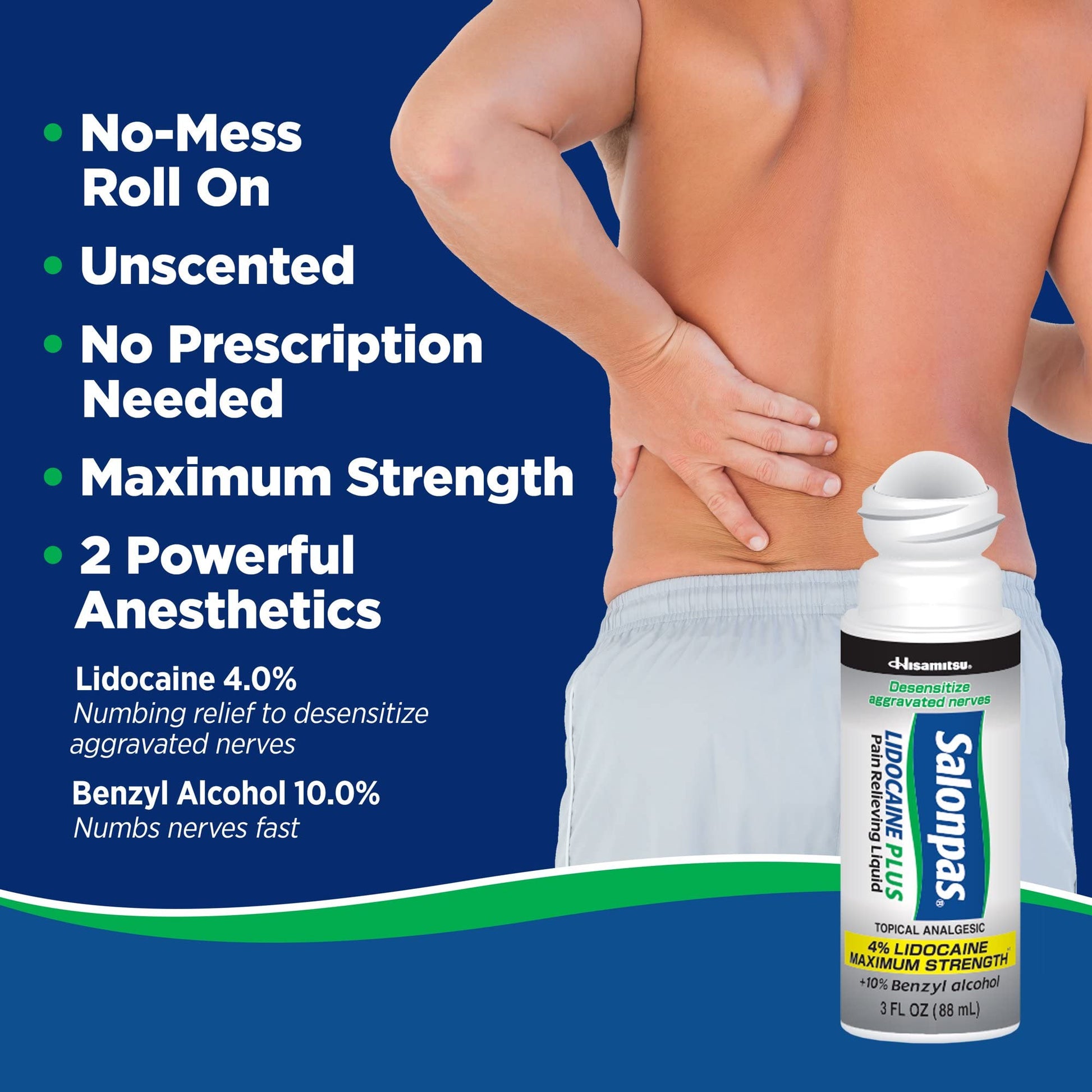 Midnight Blue Salonpas LIDOCAINE Plus 3 oz ROLL ON Pain Relieving Liquid! Maximum Strength 4% Lidocaine for Numbing Pain Relief! Mess Free Application! (3 Pack)