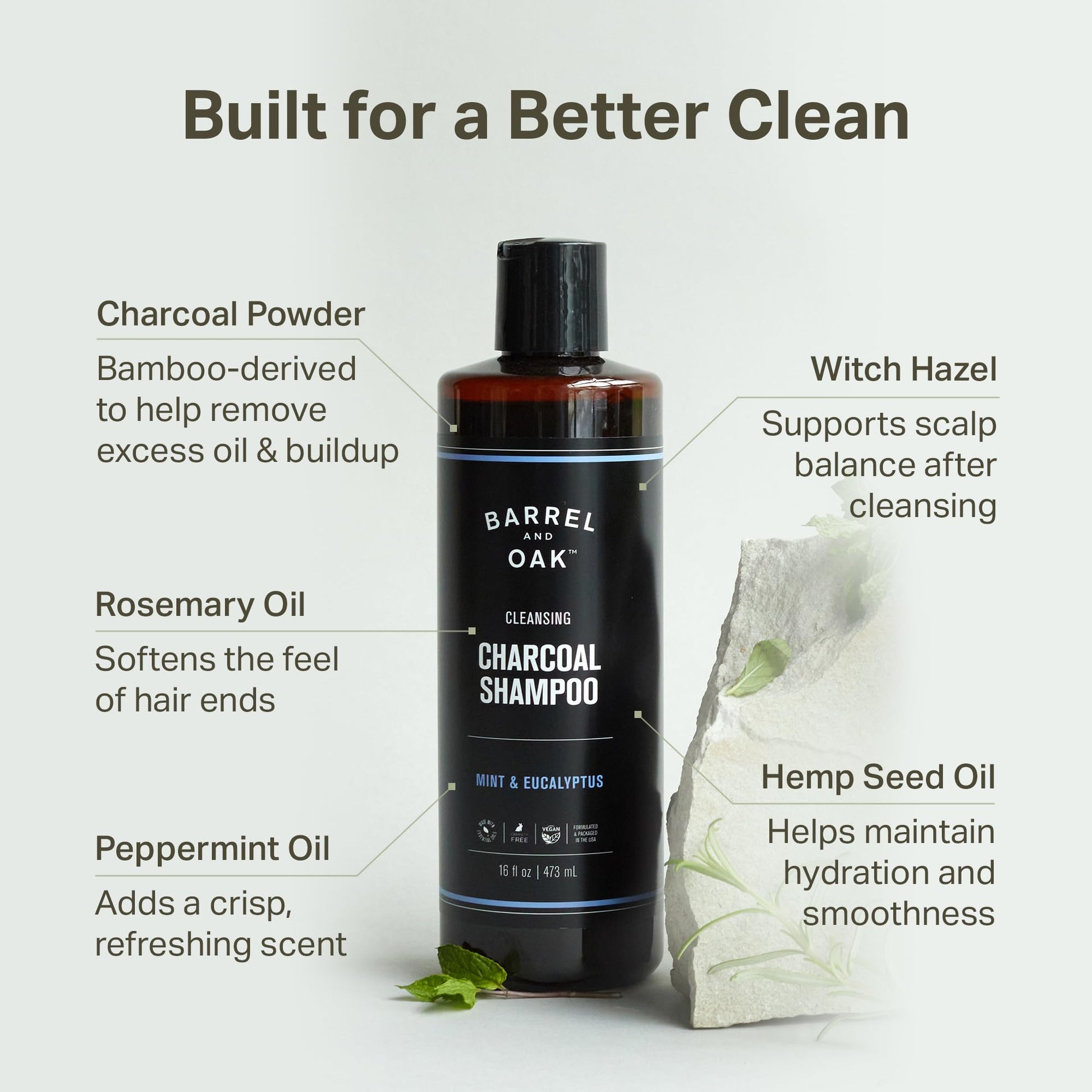 Lavender Barrel & Oak Mint & Eucalyptus Charcoal Shampoo for Men, Cleansing Men’s Shampoo with Botanical Extracts & Essential Oils, Scalp Care, Vegan Hair Care Essentials, 16 oz