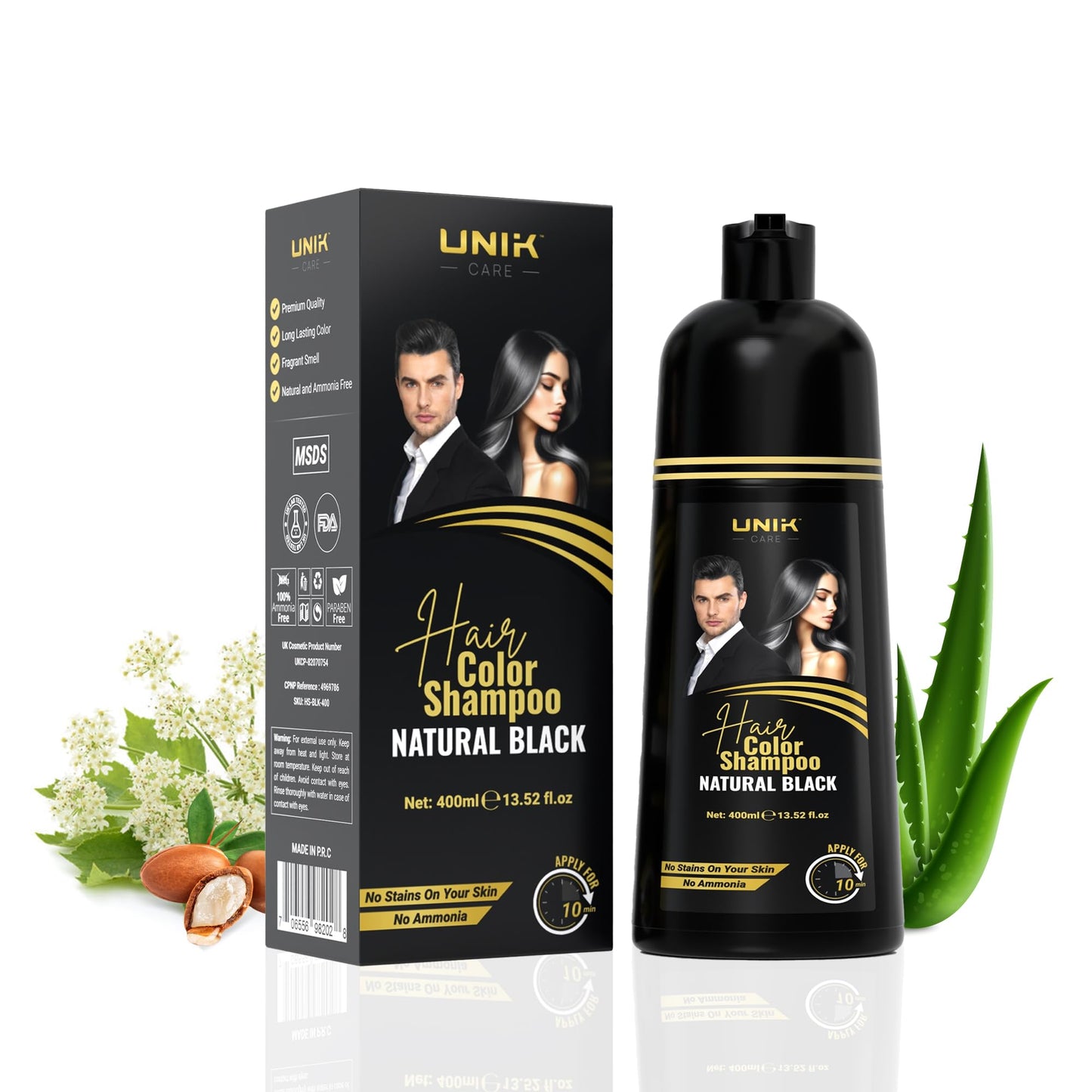 White Smoke UNIK Care Hair Dye Shampoo 400ml – 3 in 1 Natural Colour Shampoo for Grey Hair – Ammonia-Free Hair Dye for Women & Men (Natural Black)