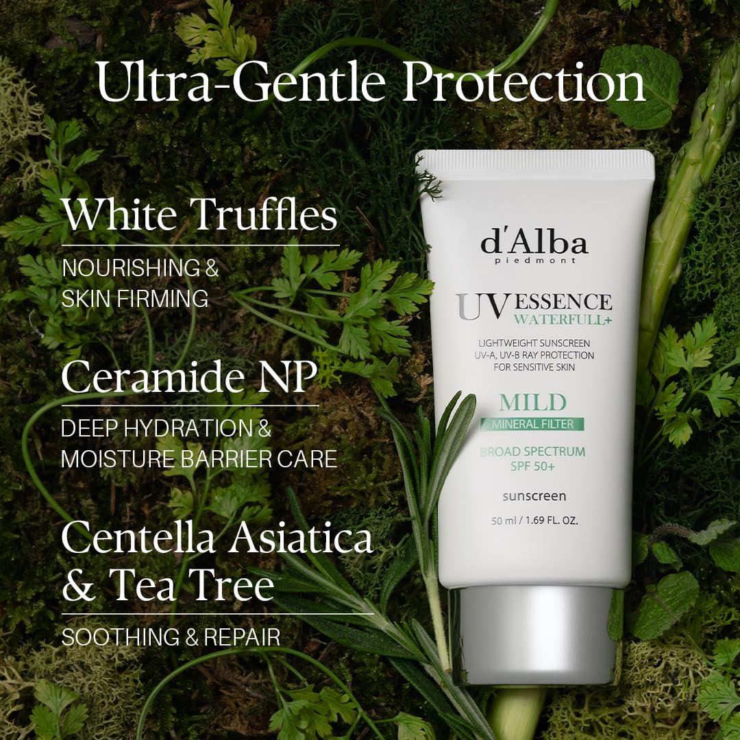 Black d'alba Piedmont Italian White Truffle Waterfull Mild Sunscreen, Vegan, Mineral Sunscreen, BROAD SPECTRUM SPF 50+ Non-Nano Suitable for Sensitive Skin, Korean Skin Care (1.69 fl. oz)