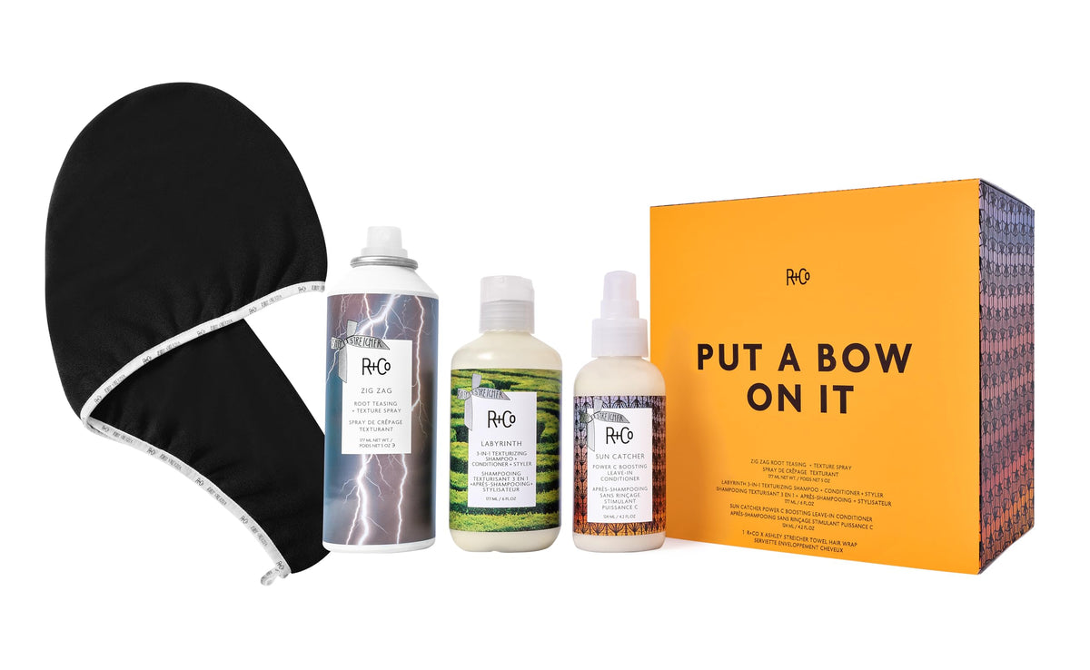 White Smoke R+Co Haircare Gift Set – Texturizing Shampoo + Conditioner + Styler, Leave-In Conditioner for Frizz Control, Root Lift Texture Spray, Hair Wrap Towel – Vegan, Sulfate-Free, Cruelty-Free Hair Set