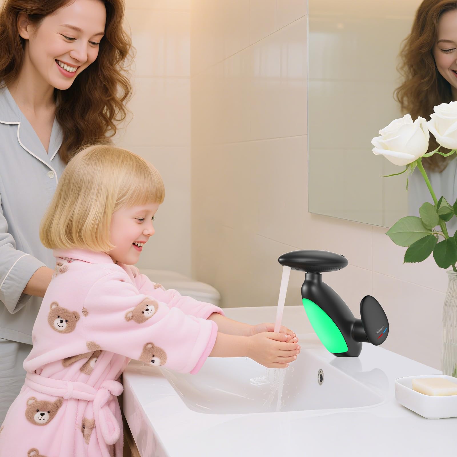 Gray Faucet - Batteryless LED Light Temperature Display, 4 Modes (Waterfall/Rinsing/Shampoo/Bubble), 360° Pull-Out Spray for Pet & Sink Cleaning, Zinc Alloy Bathroom Faucet（Black）