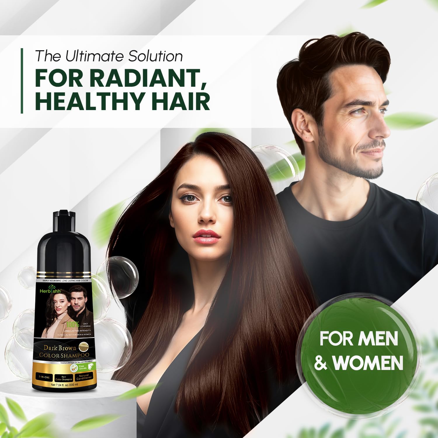 White Smoke Herbishh Dark Brown Shampoo, Hair Dye Shampoo 3 in 1, 100% Grey Coverage, Hair Color for Men & Women, Long-lasting Color in 20-25 Mins, Ammonia-free, 200 ml