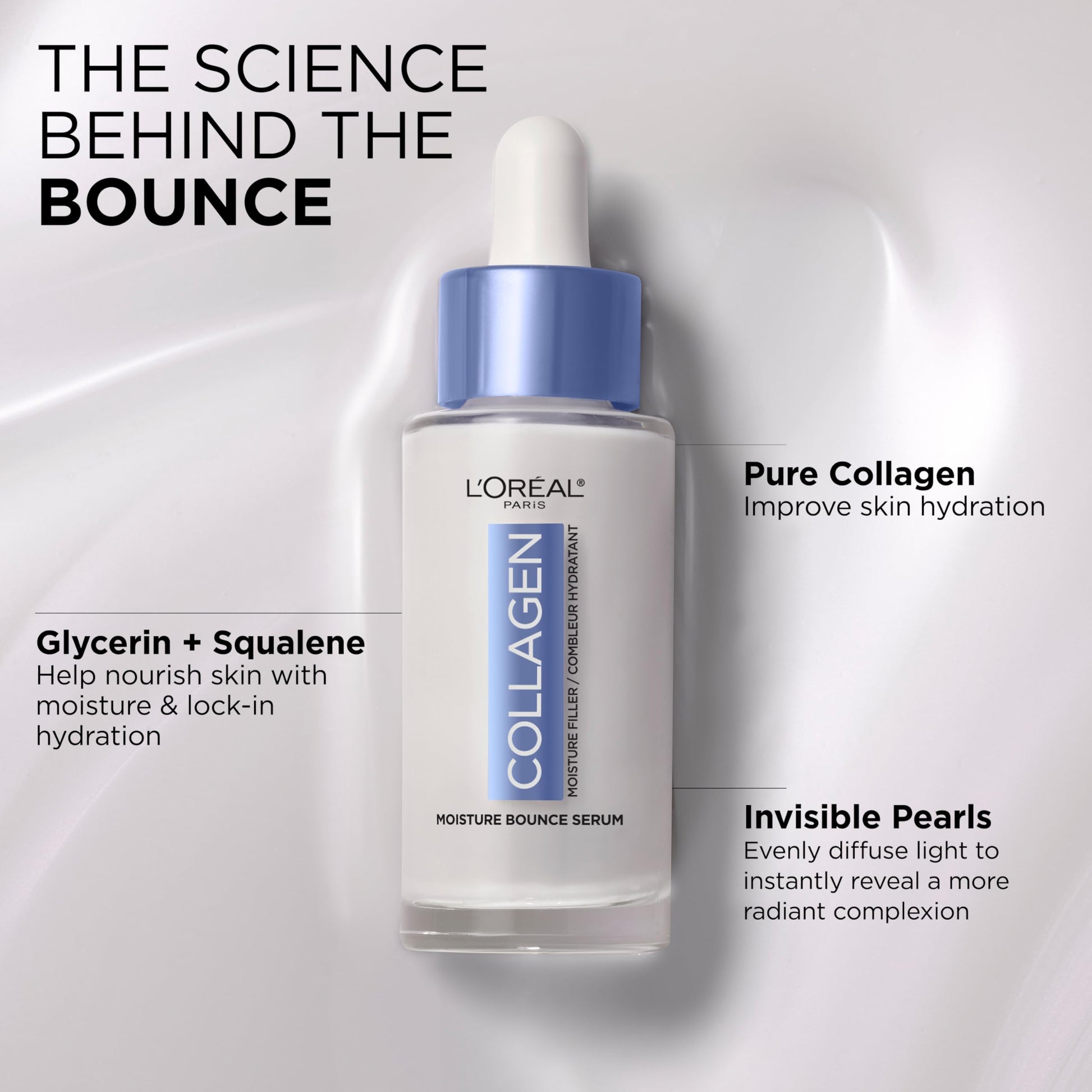Light Gray L'Oreal Paris Collagen Moisture Filler Moisture Bounce Face Serum, Glow Serum with Collagen, Glycerin, and Squalane for Bouncy, Radiant, Hydrated Skin, Includes Sample
