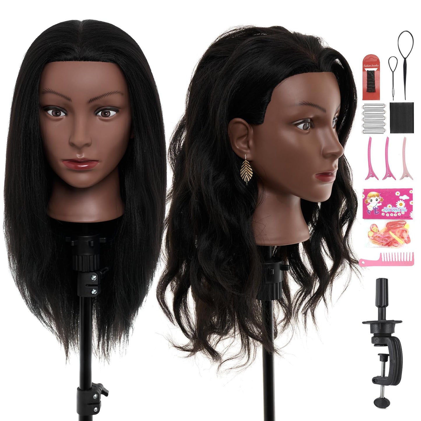 White Smoke 20-22" Mannequin Head,100% Real Human Hair Mannequin Head, Braiding Cosmetology Manikin Doll Head for Hair Styling Training with Table Clamp,Braiding Set(Light brown) Hair Extensions