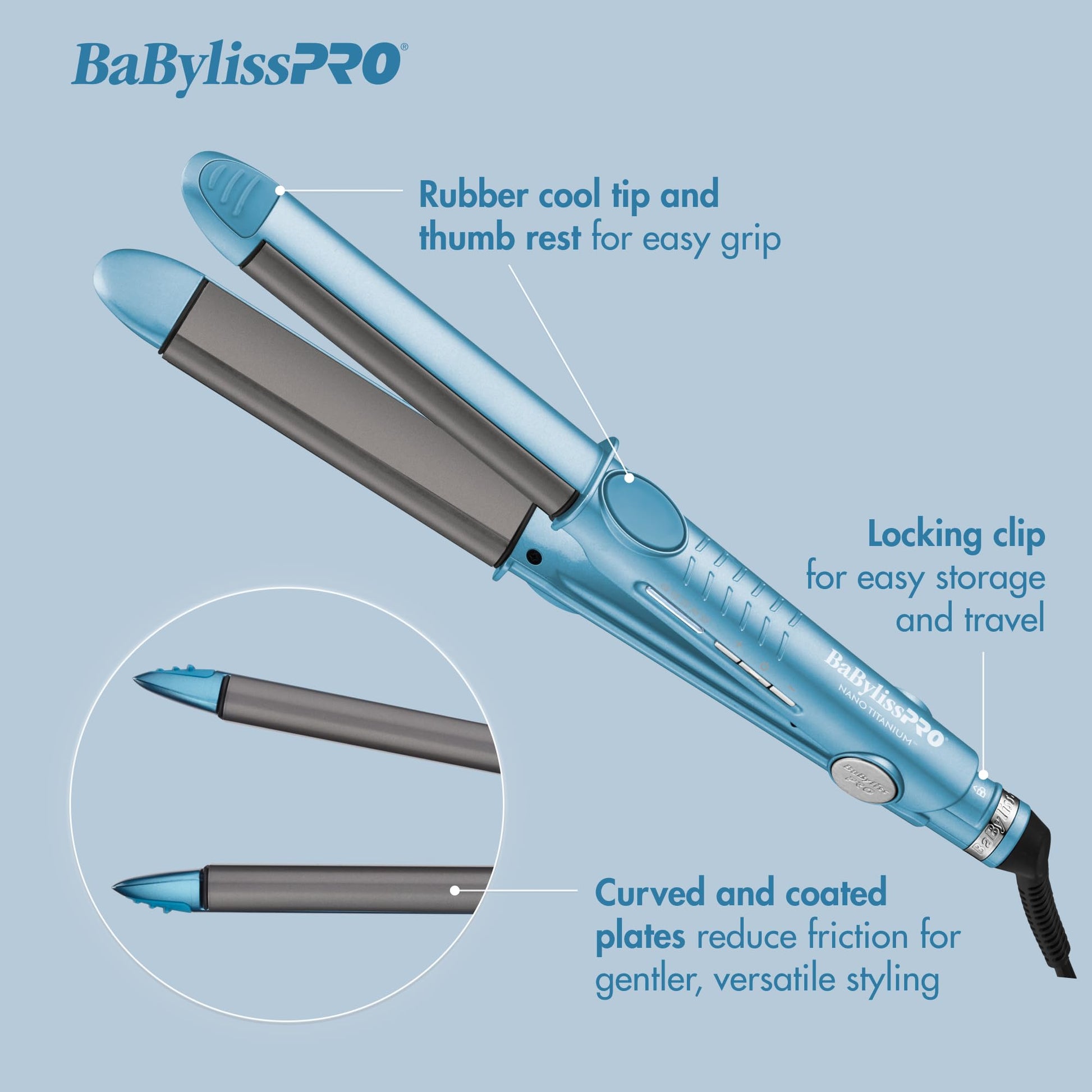 Light Steel Blue BaBylissPRO Nano Titanium 1" Curved Styling Iron and 1" Extended -Barrel Curling Iron Prepack