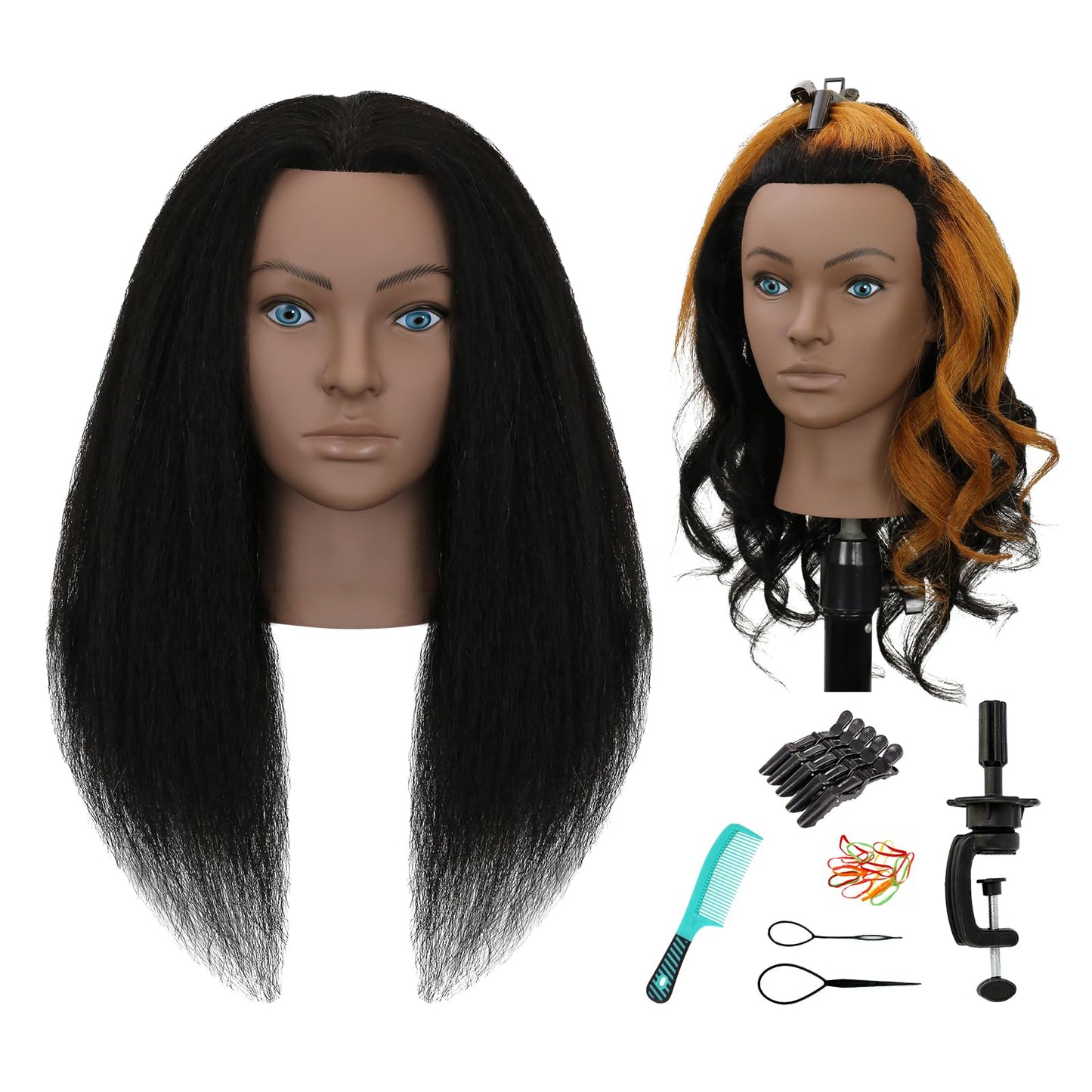 White Smoke Sirydtm 18" Mannequin Head Human Hair 100% Real Human Hair Mannequin Head Cosmetology Makeup Doll Training Head With Table Clamp Stand for Curling, Cutting Dyeing & Hairdresser School Training