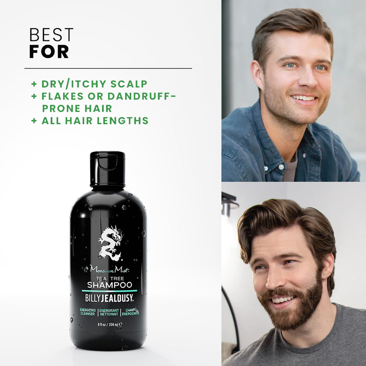 White Smoke Billy Jealousy Monsoon Mist Tea Tree Energizing Men's Shampoo with Peppermint & Rosemary, Removes Oil Build-up and Soothes Scalp Itch & Irritation, 8 Oz.