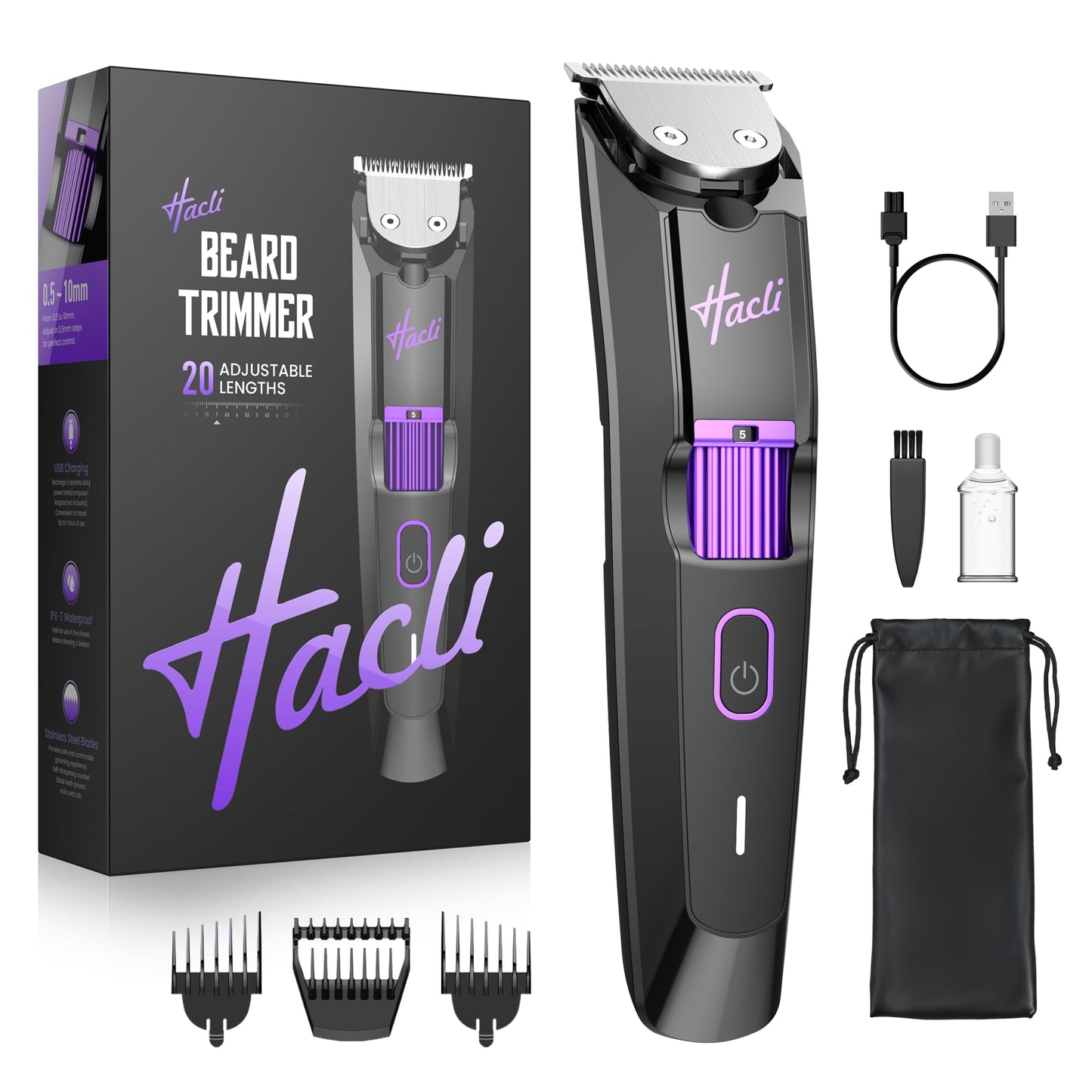 White Smoke HACLI Professional Beard Trimmer for Men - Cordless IPX7 Waterproof, Precision Dial with 20 Adjustable Length Settings, Wet/Dry Use, 80 Min Runtime, Premium Facial Hair Groomer, Gift for Dad & Husband