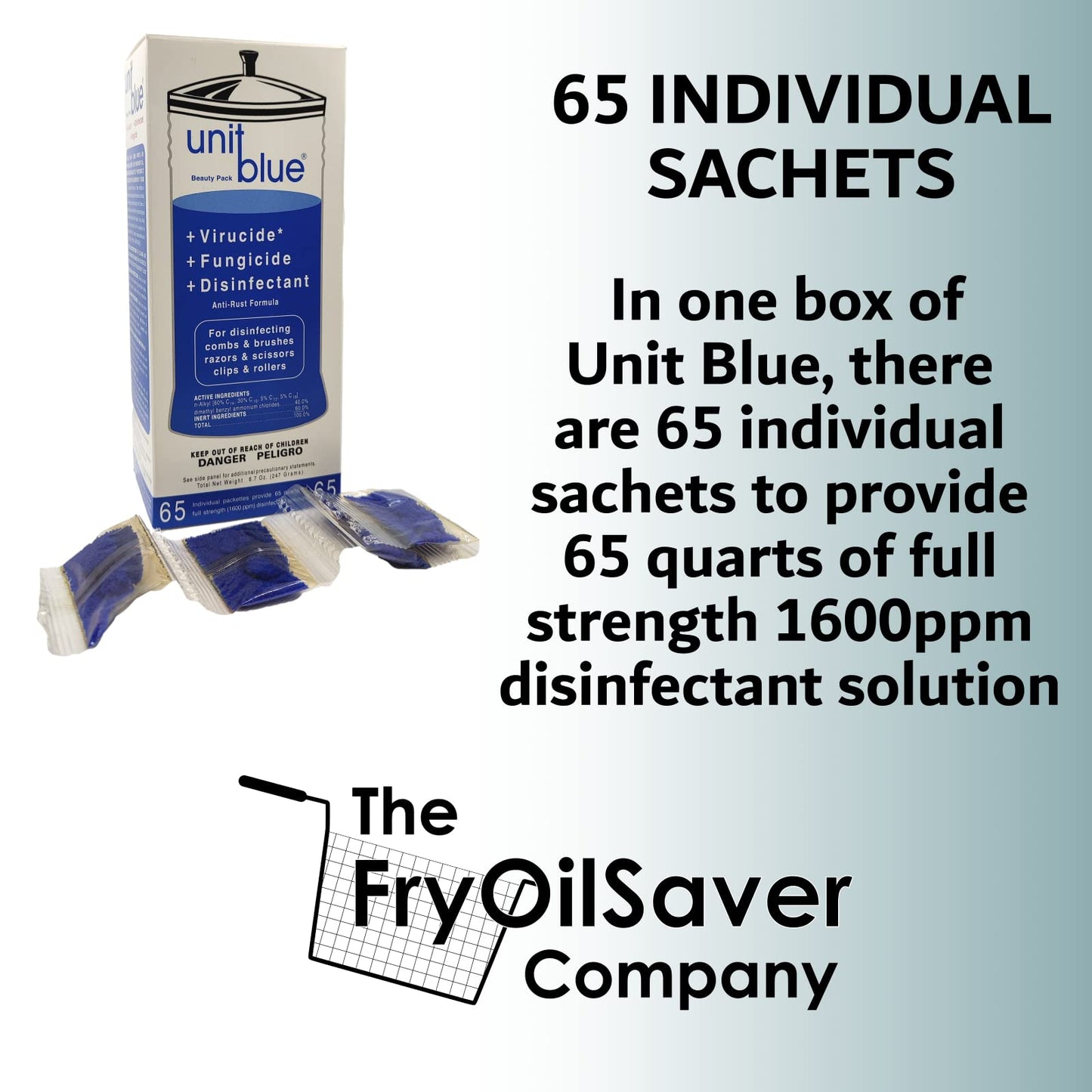 White Smoke Unit Blue Germicidal Barber Disinfectant Liquid Cleaner Concentrate for Barbers - Anti-Rust Formula to Sterilize Scissors, Clips, Razors, Brush & Combs - 65 Sachets Makes 65 QT Solution at 1600 PPM
