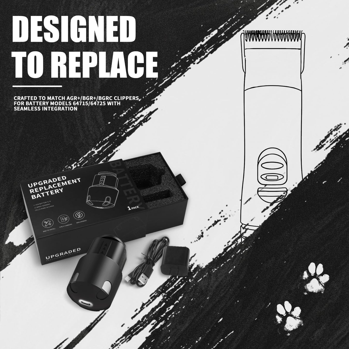 Lavender BLOTMS Upgraded Replacement Battery Compatible with Andis PowerGroom AGR,BGR,BGRC Clippers-3200mAh Long-Lasting Li-ion Power, Type-C Charging w/Fast Charge Kit (Adapter & Cable) （1 Pack）