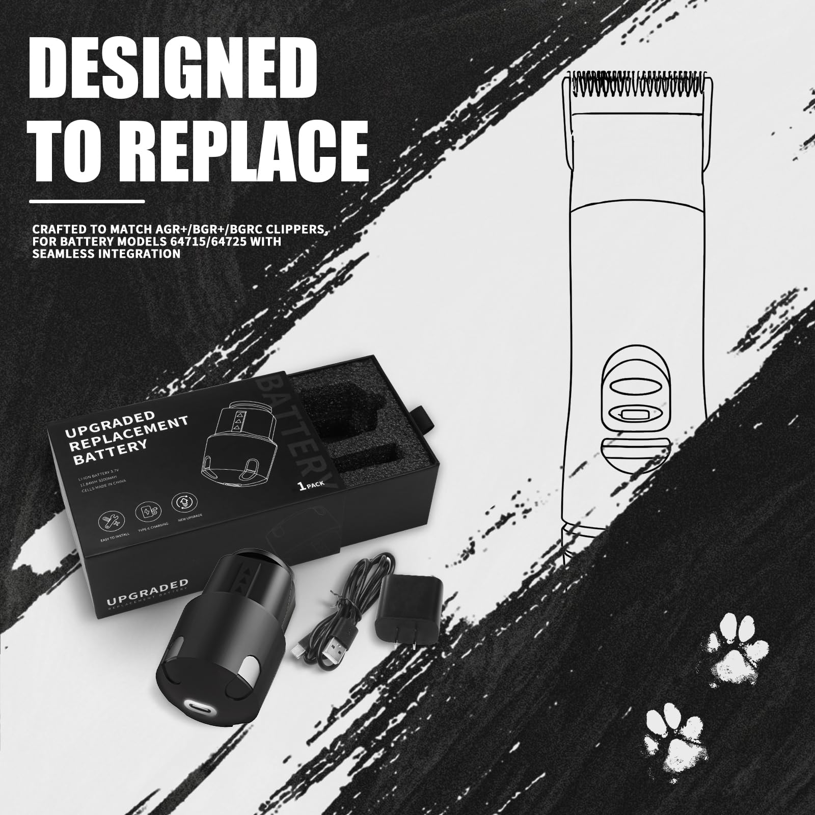 Lavender BLOTMS Upgraded Replacement Battery Compatible with Andis PowerGroom AGR,BGR,BGRC Clippers-3200mAh Long-Lasting Li-ion Power, Type-C Charging w/Fast Charge Kit (Adapter & Cable) （1 Pack）