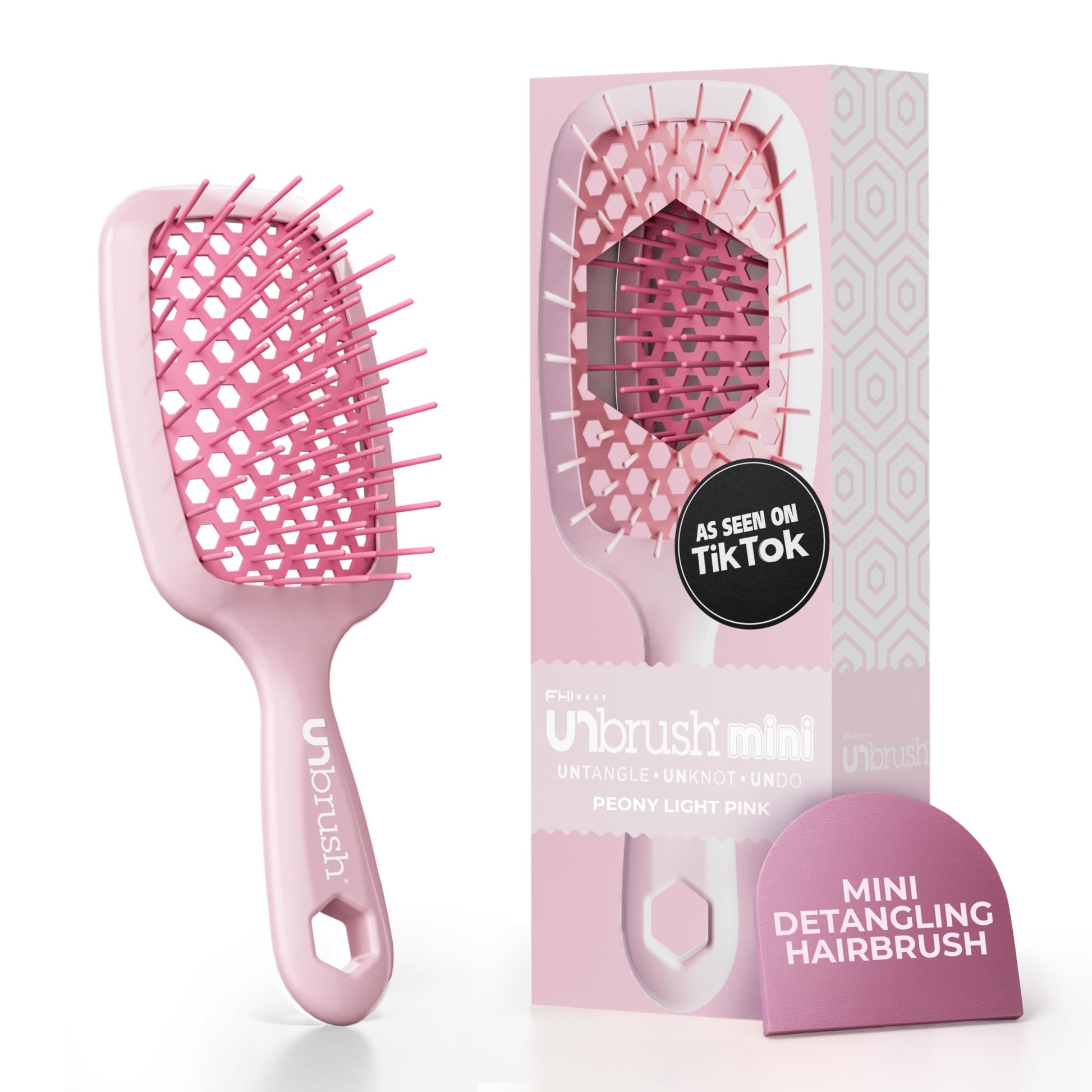 White Smoke FHI Heat UNbrush Mini Detangler Brush for Pain-Free Brushing on All Wet or Dry Hair Types — Durable Duoflex Anti-Static Bristles, Lightweight Handle, Vented Mini Hair Brush, Peony Light Pink