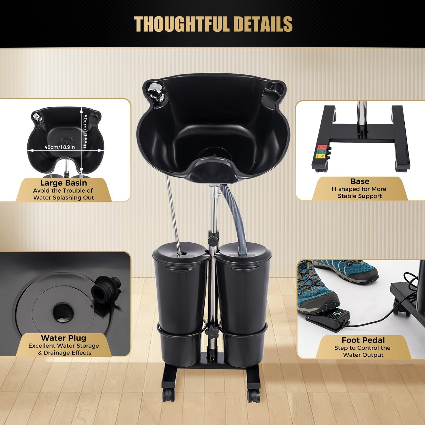 Black Electric Portable Shampoo Bowl Shampoo Table Hairdresser's Shampoo Basin Home Sink Shampoo Tray With Adjustable Height and Downspout; Sprinkler with On/Off Switch