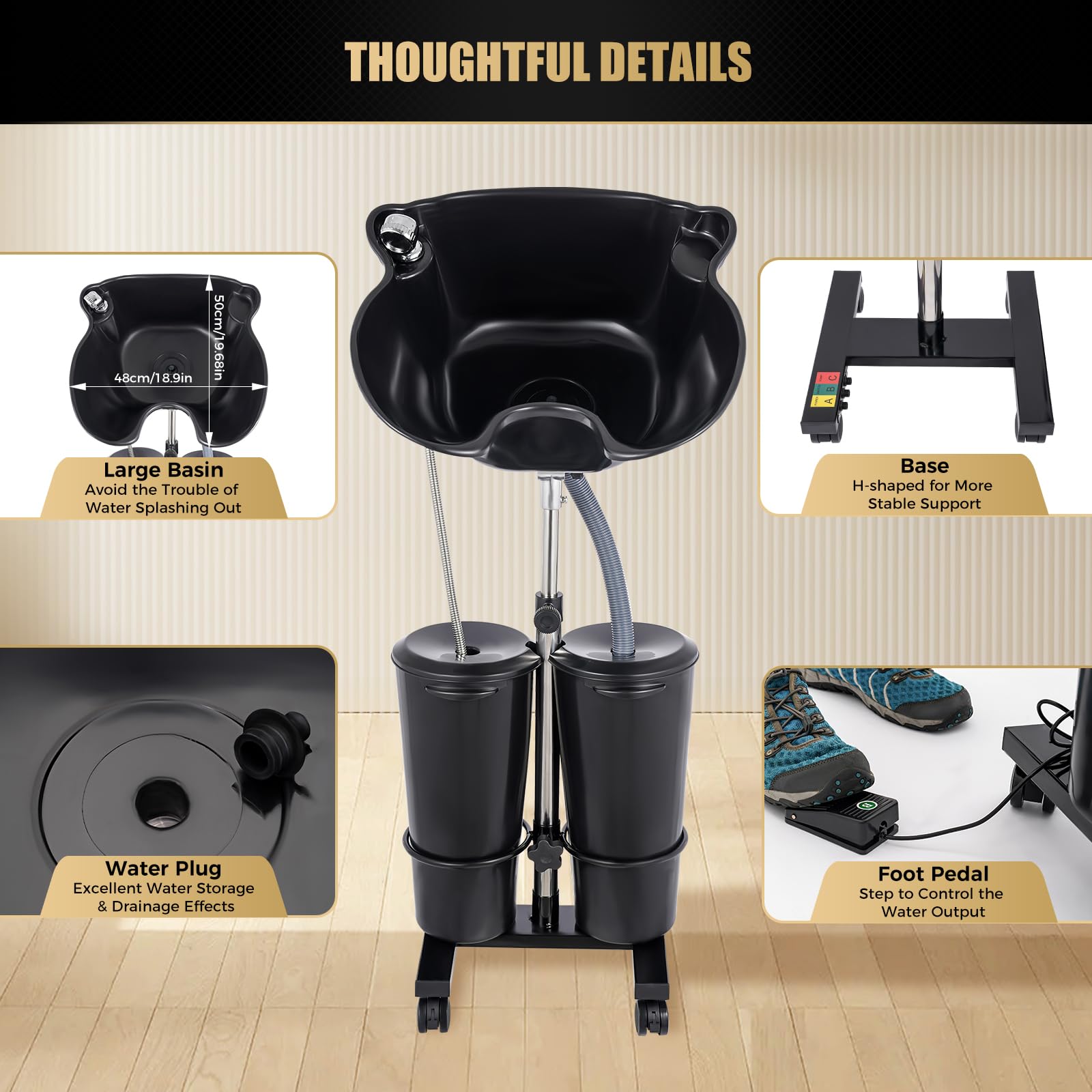 Black Electric Portable Shampoo Bowl Shampoo Table Hairdresser's Shampoo Basin Home Sink Shampoo Tray With Adjustable Height and Downspout; Sprinkler with On/Off Switch (Black with 2 Buckets)