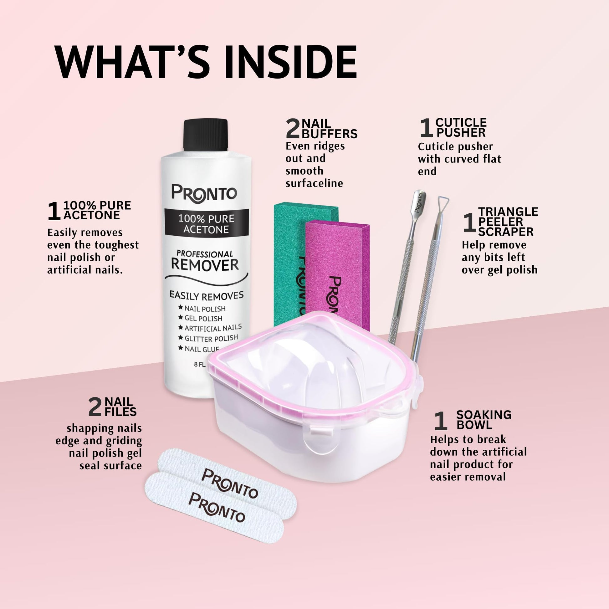 Misty Rose Pronto Gel Nail Polish Remover Kit – 8 Oz Pure Acetone 100 Percent, Nail File & Nail Polish Soak Off Bowl for Nail Care + Manicure Set with Nail Buffer Block, Cuticle Pusher & Nail scraper