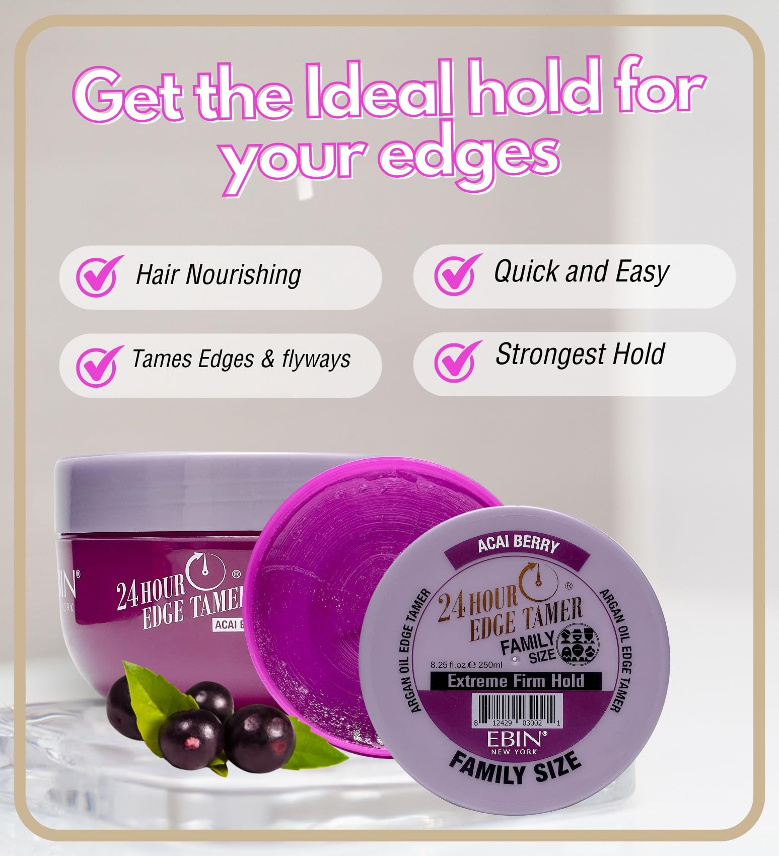 Gray 24 Hour Argan Oil Edge Tamer Refresh (8.25oz/ 250ml, Acai Berry) | Extreme Firm Hold, Smooths & Tames Frizz | No Flaking or Drying | High Shine, Long Lasting, All Hair Types, Styling Gel.