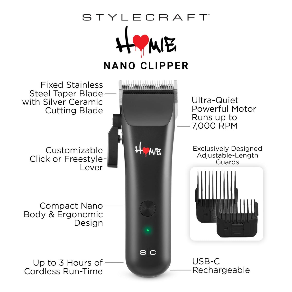 White Smoke STYLECRAFT Homie Cordless Nano Clipper Professional Hair Clippers for Men Barber Tool with Japanese Stainless Steel Blade Compact Design USB C Rechargeable