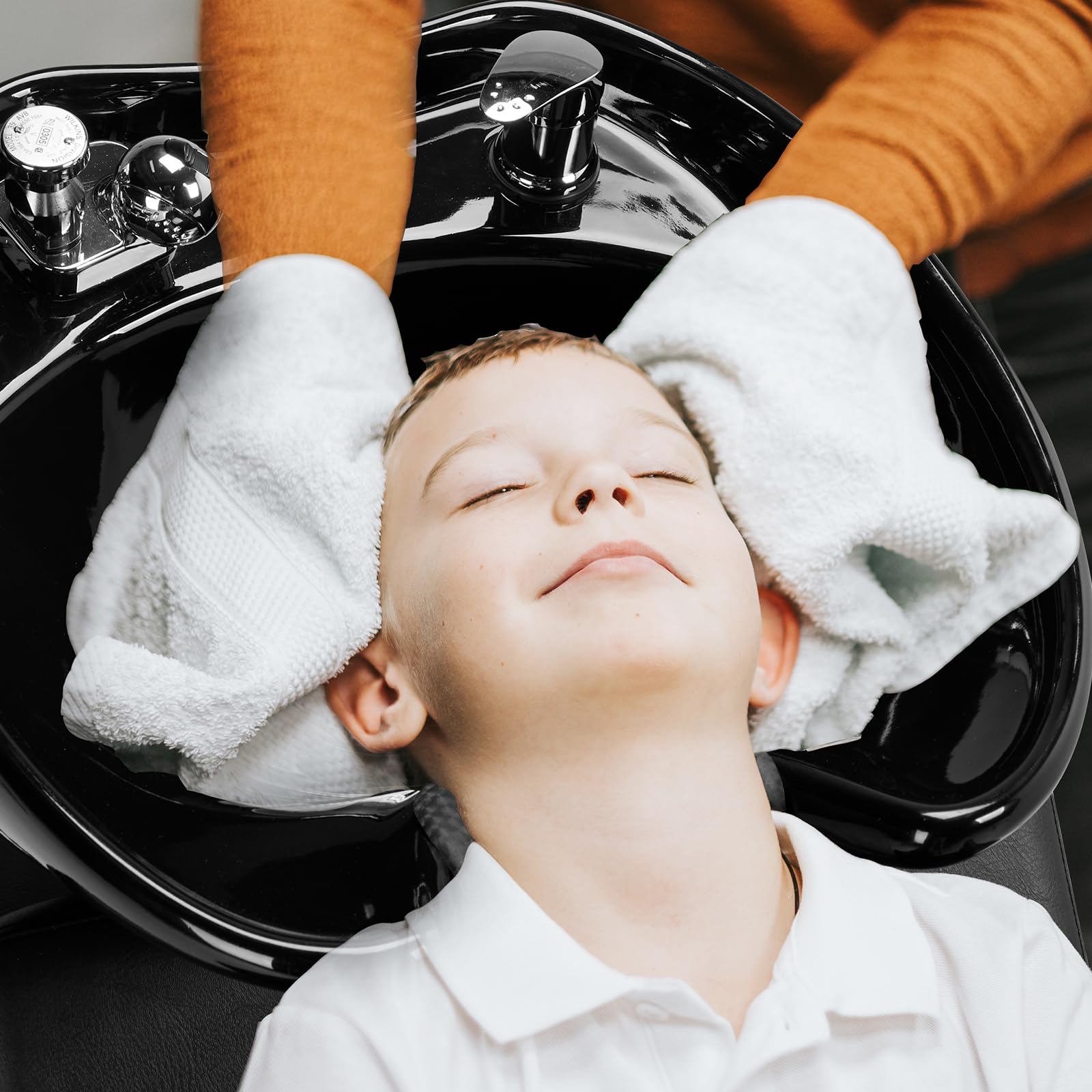 Black Winado Shampoo Backwash Barber Chair with Large Ceramic Bowl, Adjustable Shampoo Bowl Sink Chair Station for Barbershop Beauty Spa Massage Hairdressing Equipment