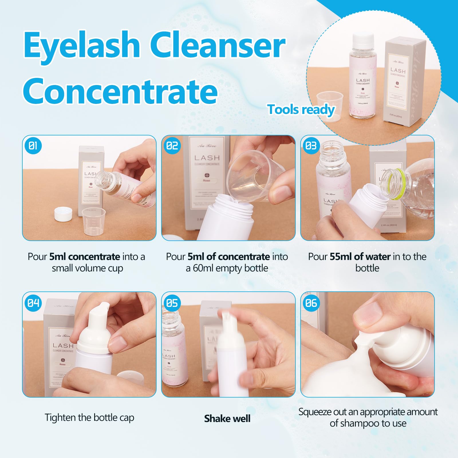 Alice Blue AuReve Lash Shampoo Concentrate 100ml Lash Extension Cleanser Oil-Free Eyelash Extension Shampoo with Salon Home Care -Makes 20 Bottles 60ml Lash Shampoo,Unscented
