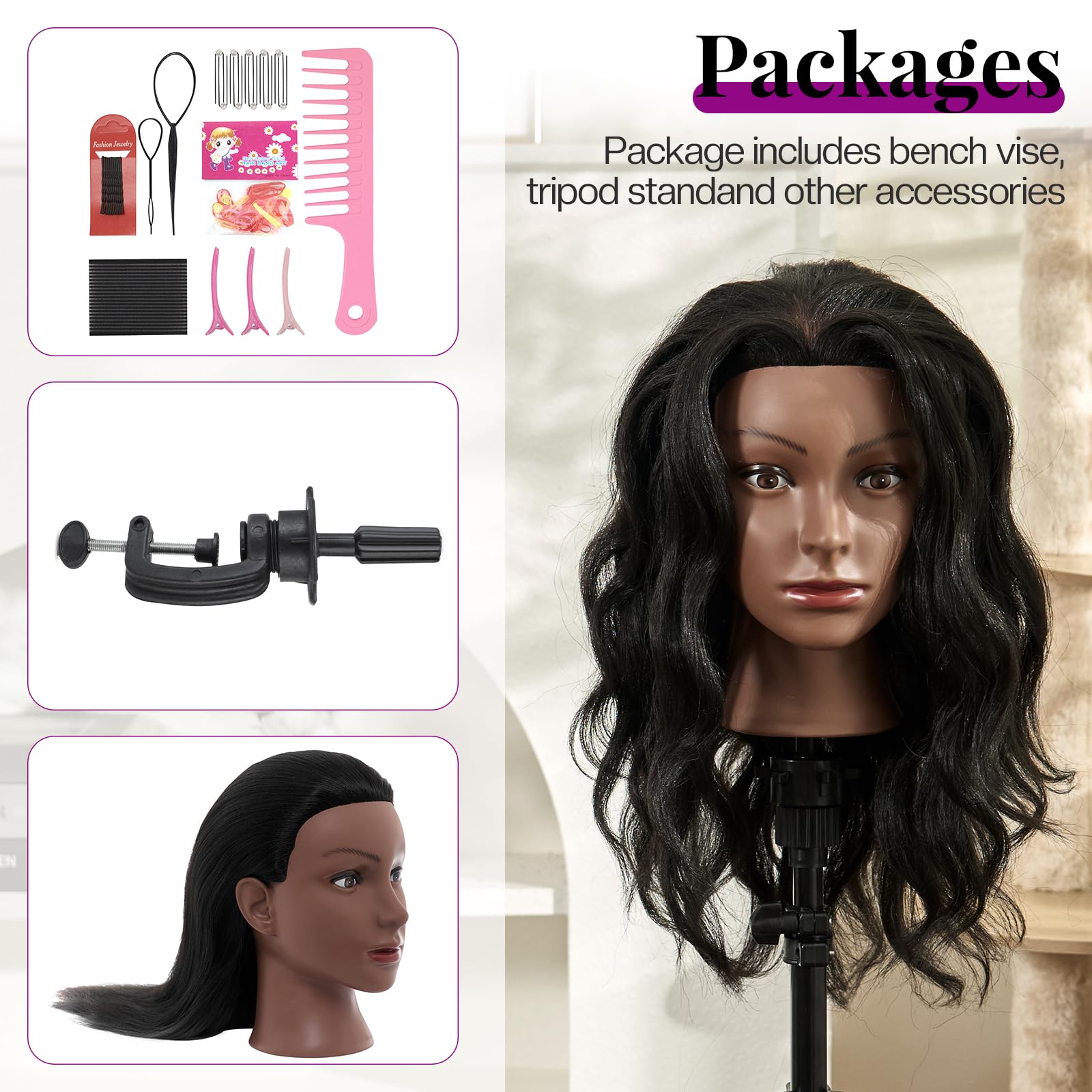 White Smoke 20-22" Mannequin Head,100% Real Human Hair Mannequin Head, Braiding Cosmetology Manikin Doll Head for Hair Styling Training with Table Clamp,Braiding Set(Light brown) Hair Extensions