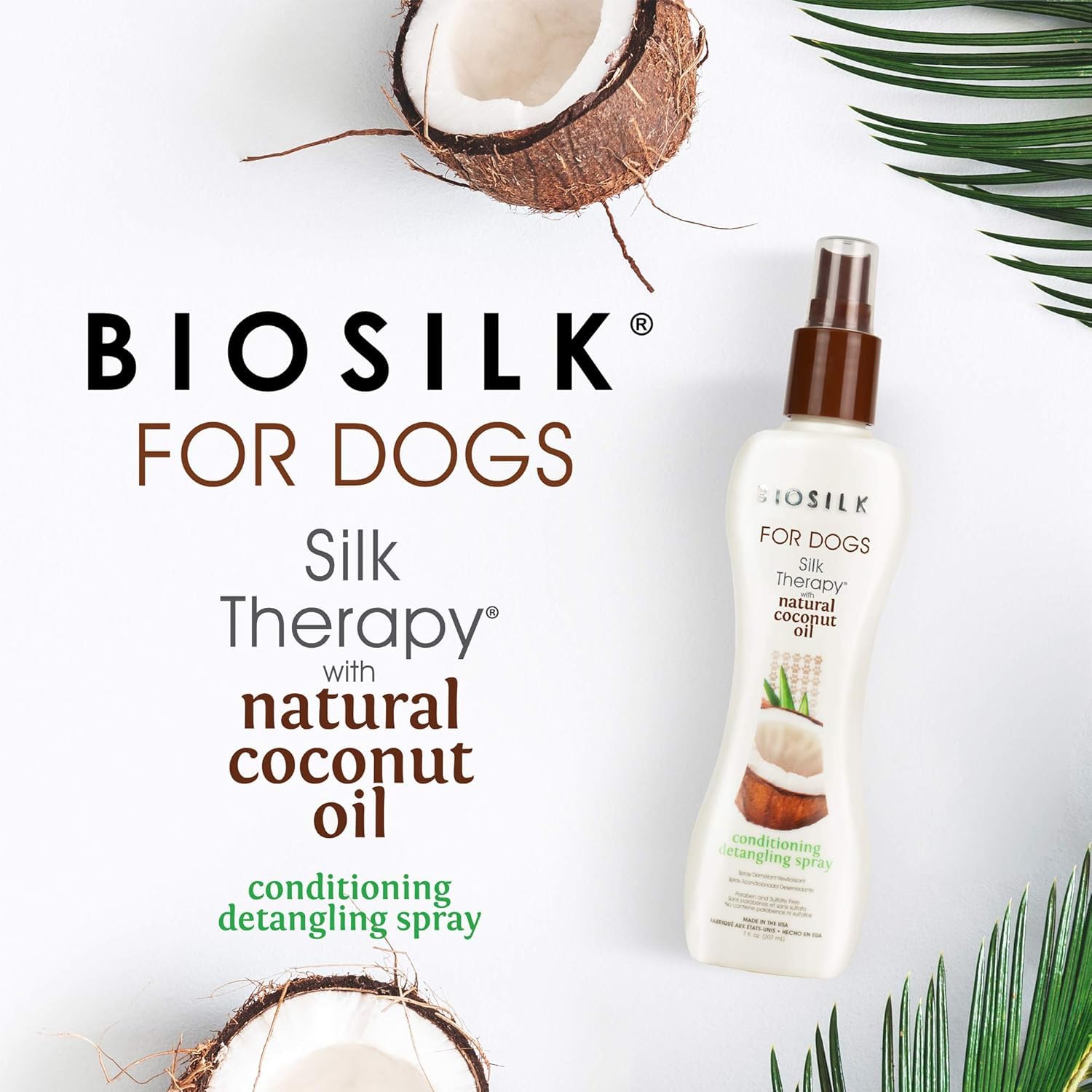 White Smoke BioSilk Silk Therapy Conditioning Detangling Spray for Dogs with Natural Coconut Oil - Dog Matted Hair Detangler Conditioner for Dogs, Dematting Grooming Supplies, 7 Fl Oz - 2 Pack