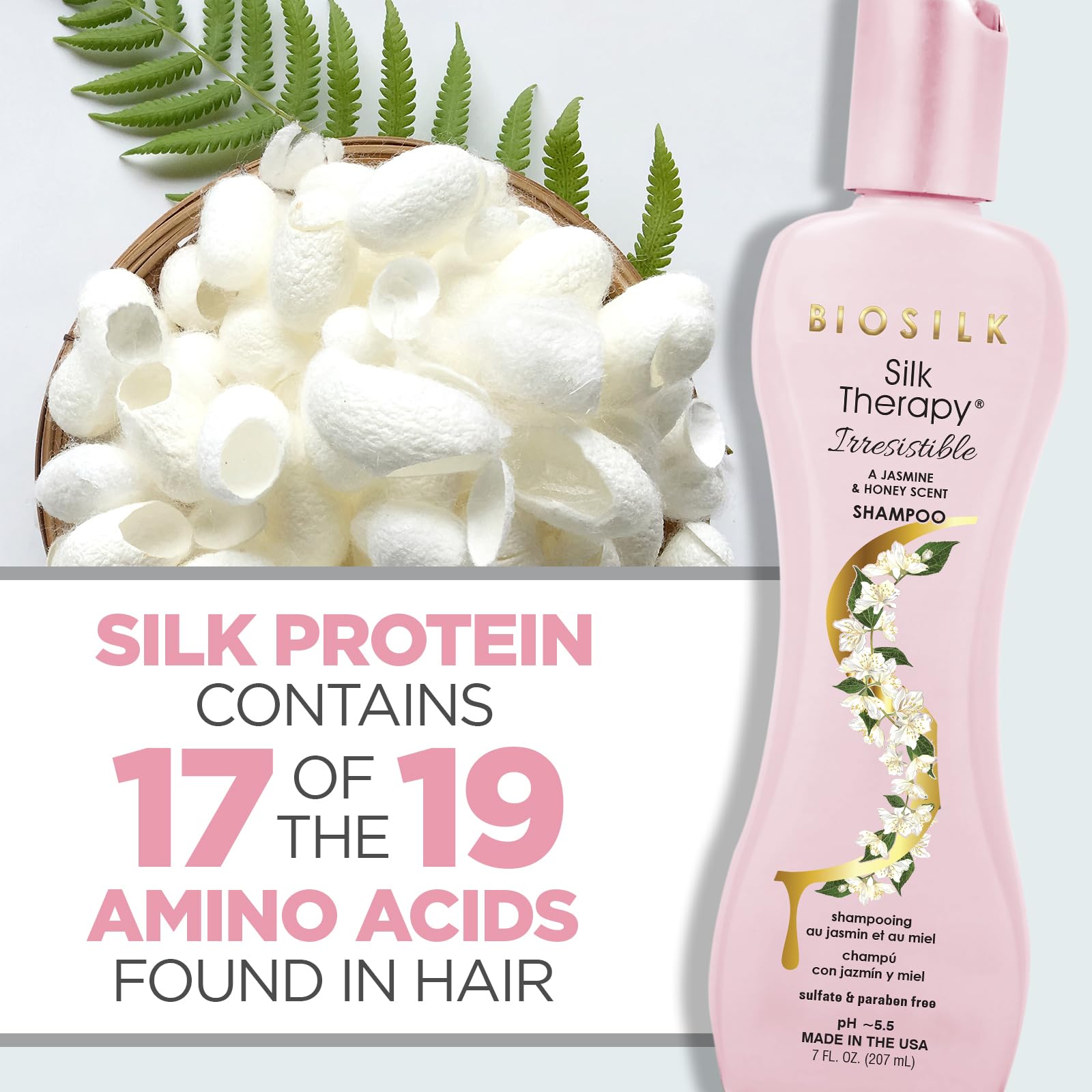 White Smoke BioSilk Irresistible Shampoo, Cleanses & Conditions Frizzy Hair, Jasmine & Honey Scent, Silk Proteins & Botanical Extracts, Sulfate-Free, Paraben-Free, Cruelty-Free, 7 Oz