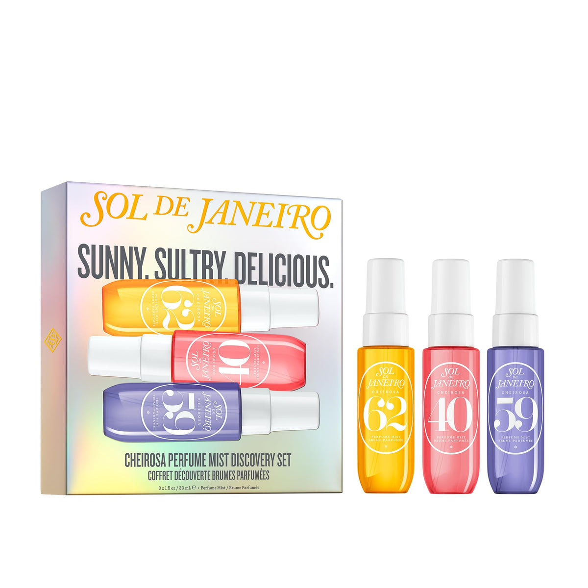 White Smoke Sol de Janeiro Cheirosa Perfume Mist Discovery Set Cheirosa 62, 40, and 59