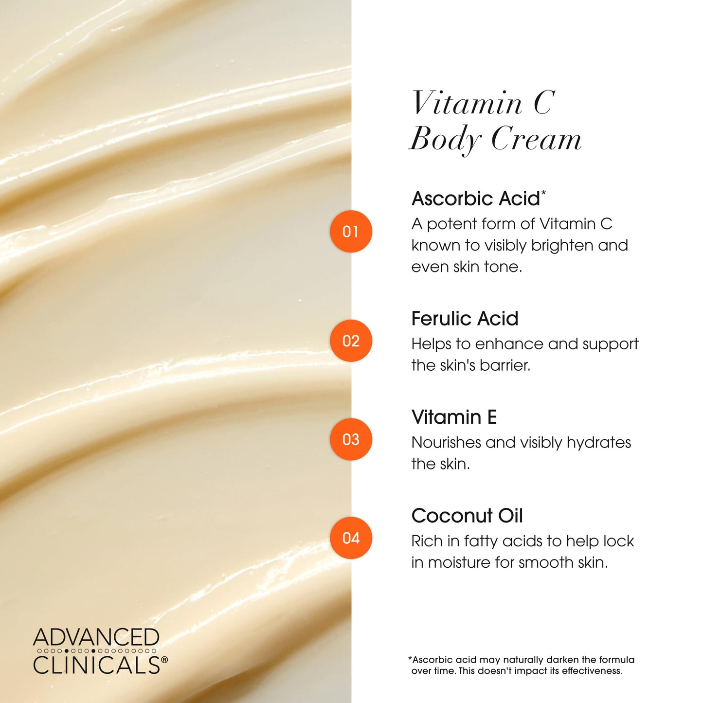 White Smoke Advanced Clinicals Vitamin C Cream Visibly Brightening Body Lotion | Vitamin C Moisturizer Skin Care Body Cream For Women & Men Visibly Improves Look Of Dark Spots & Uneven Skin Tone, W/Travel Size