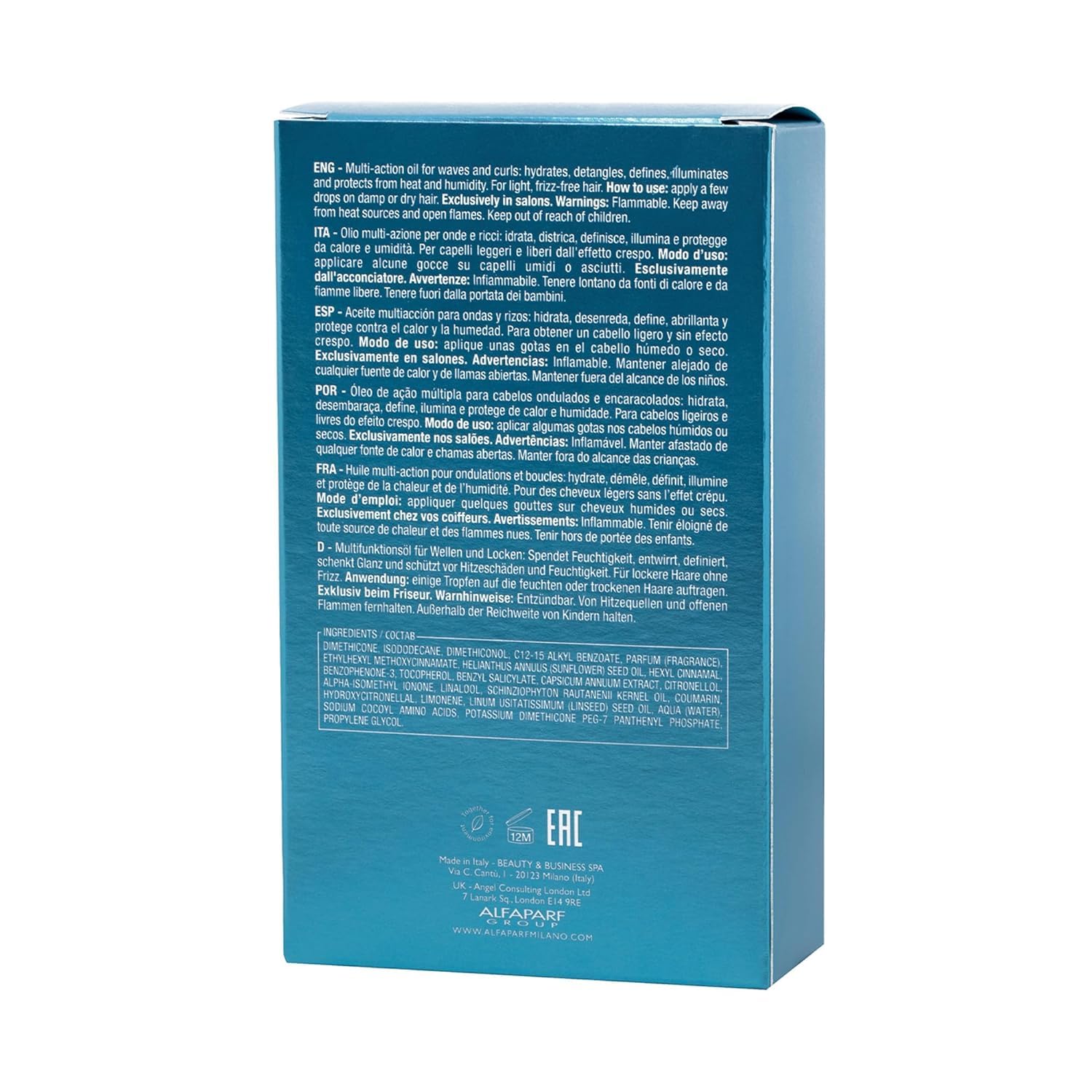 Steel Blue Alfaparf Milano Semi di Lino Curls Nourishing Hair Oil for Wavy and Curly Hair- Lightweight Multi-Benefit Serum - Reduces Frizz - Adds Shine and Hydration - Humidity and Heat Protection - 3.38 fl. oz.