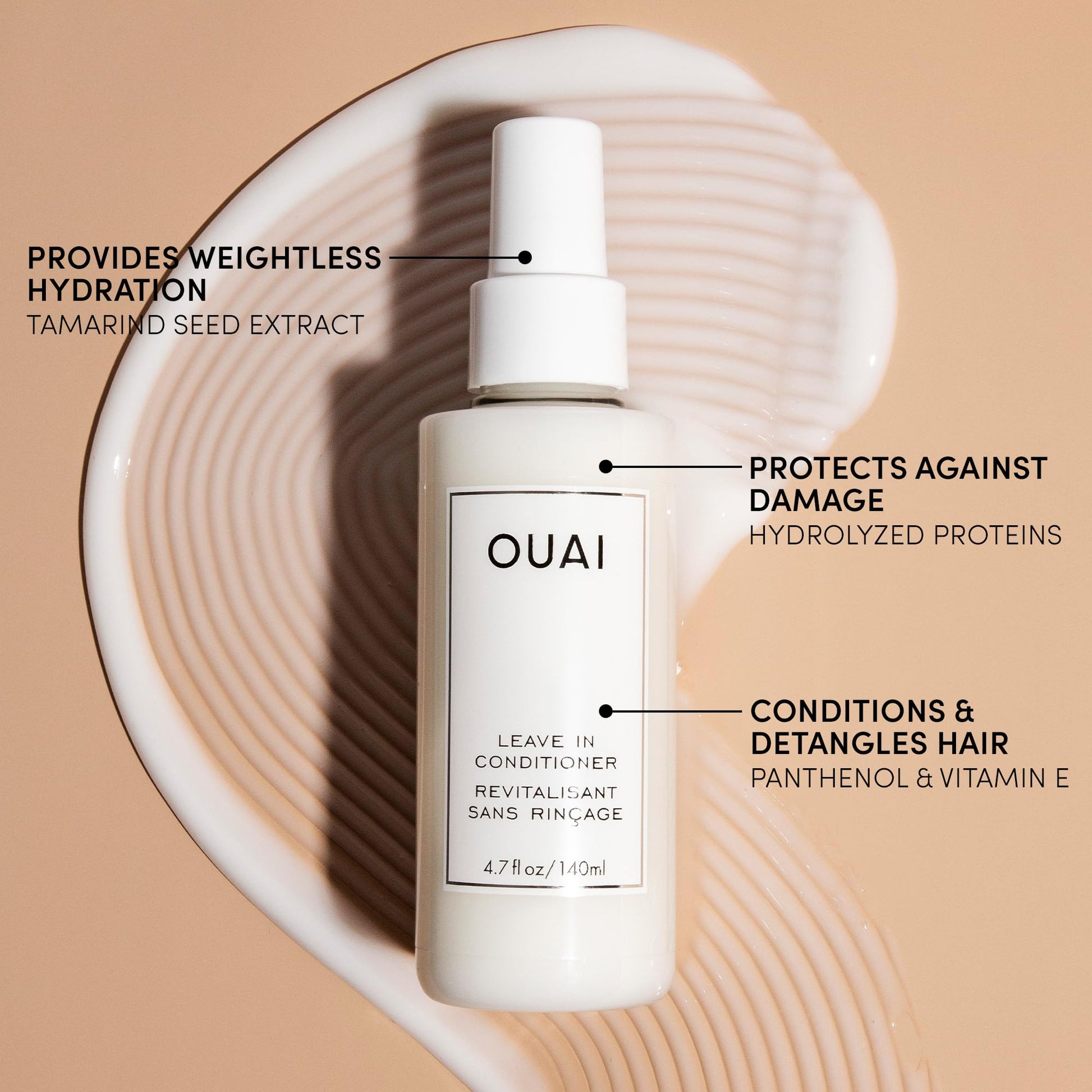 Tan OUAI Leave In Conditioner & Heat Protectant for Hair - Prep Hair for Styling or Use as Detangling Spray to Fight Frizz & Flyaways - No Parabens, Sulfates or Phthalates (1.5 oz)
