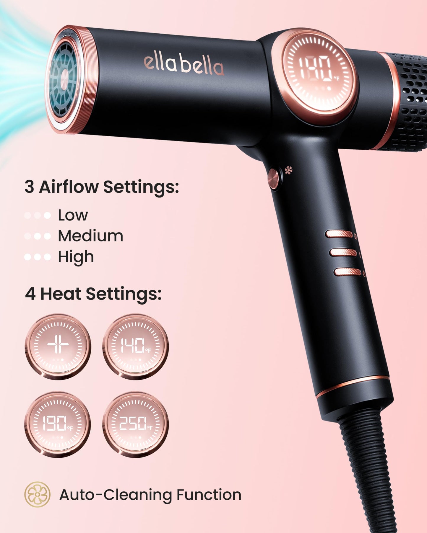 Misty Rose ELLA BELLA® Professional Ionic Hair Dryer with Diffuser • Negative Ion Blow Dryer • Suitable All Hair Types • Intelligent Heat Control & Rapid Drying Speeds • Lightweight Design • Low Noise Technology