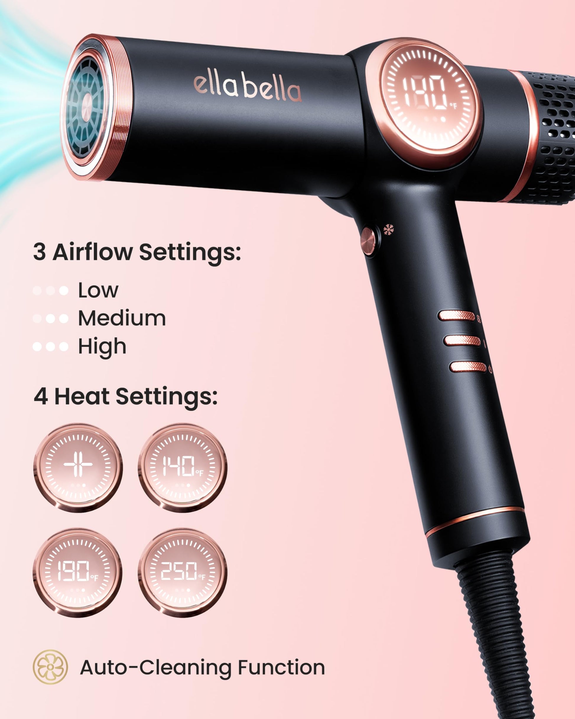 Misty Rose ELLA BELLA® Professional Ionic Hair Dryer with Diffuser • Negative Ion Blow Dryer • Suitable All Hair Types • Intelligent Heat Control & Rapid Drying Speeds • Lightweight Design • Low Noise Technology