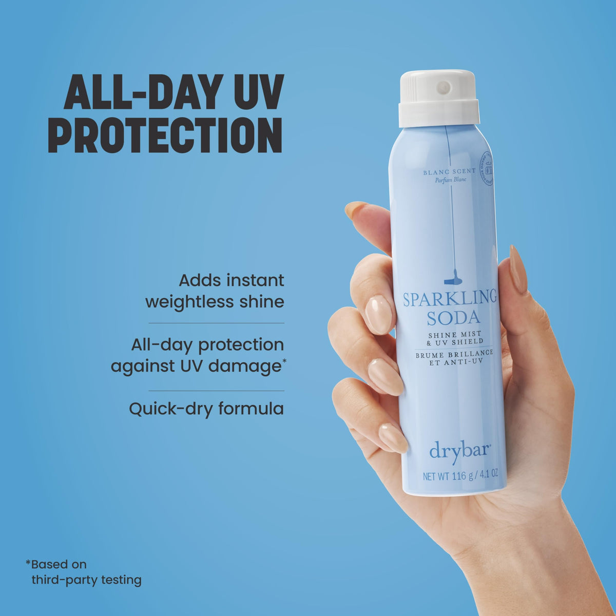 Cornflower Blue Drybar Sparkling Soda Finishing Spray Collection, Ultra-Fine Mist, Adds Shine to Finished Look