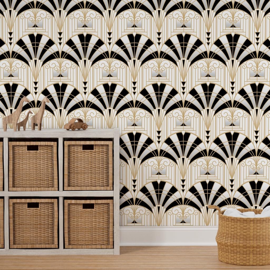 Gray Spoonflower Peel & Stick Wallpaper 3ft x 2ft - Art Deco Alcove Black White Gold Fan Architecture 1920s Custom Removable Wallpaper