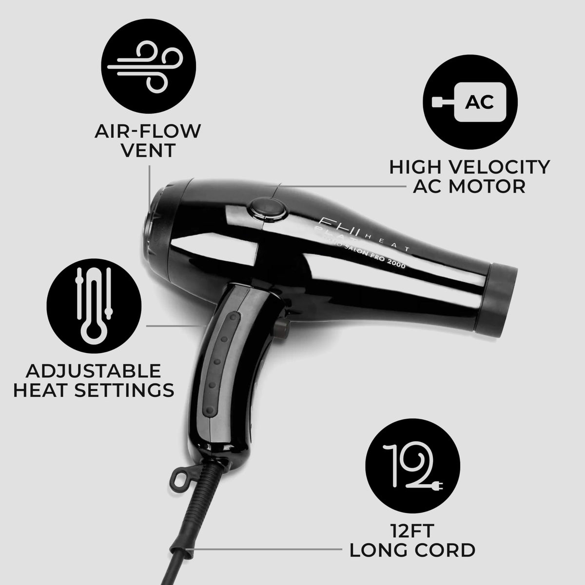 Lavender FHI HEAT Platform Nano Power Salon Pro 2000 Tourmaline Ceramic Quick Dry Hair Dryer with 3 Piece Attachment Set (Comb, Concentrator, and Diffuser), Black