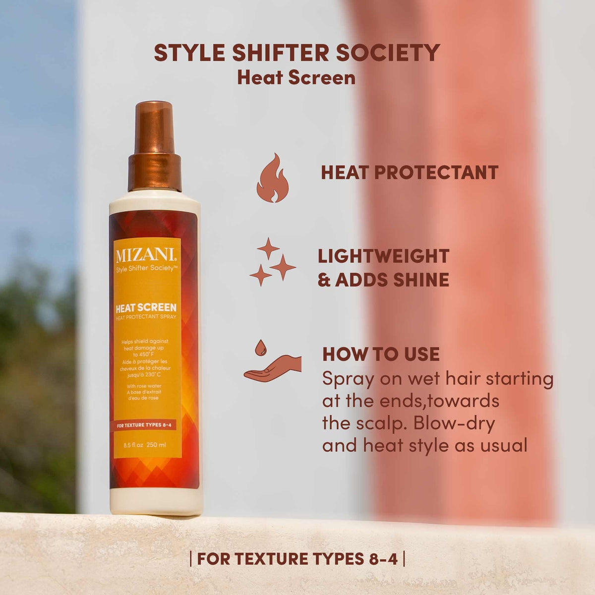 Light Gray Mizani Style Shifter Heat Screen Heat Protectant Spray – For Curly Hair