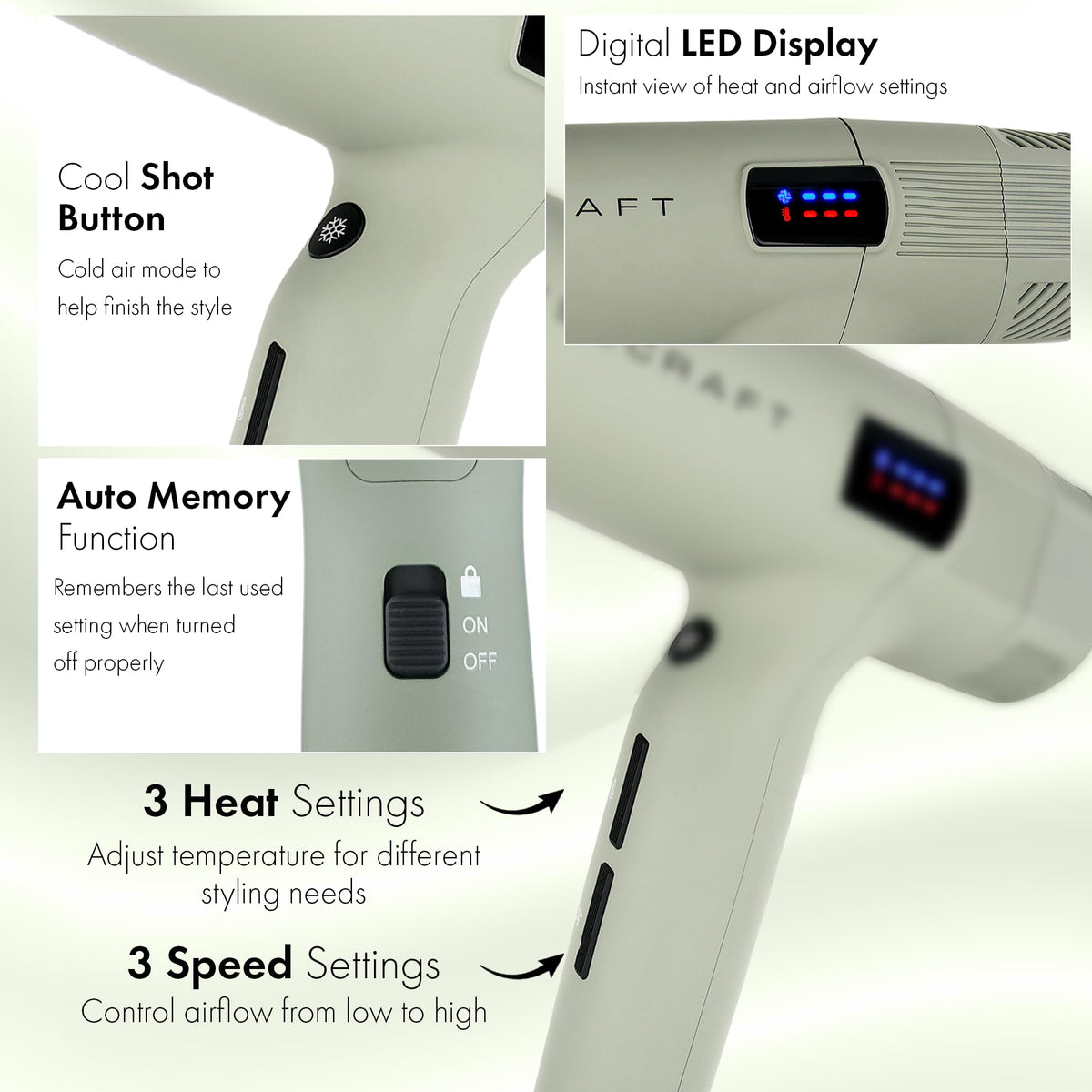 White Smoke StyleCraft Sage 1600W Brushless Motor Ionic Hair Dryer with LED Display