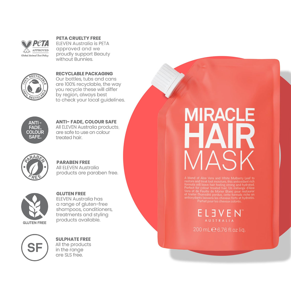White Smoke ELEVEN AUSTRALIA Miracle Hair Mask for Dry Damaged Hair - 6.8 Fl Oz