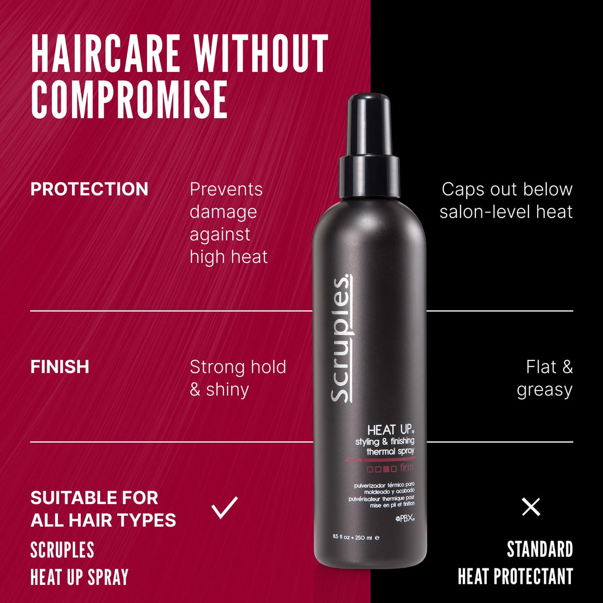 Black Scruples Heat Up Styling Spray - Hair Heat Protectant with Control, Hold and Texture - Lightweight, Water Soluble Formula (8.5 oz)