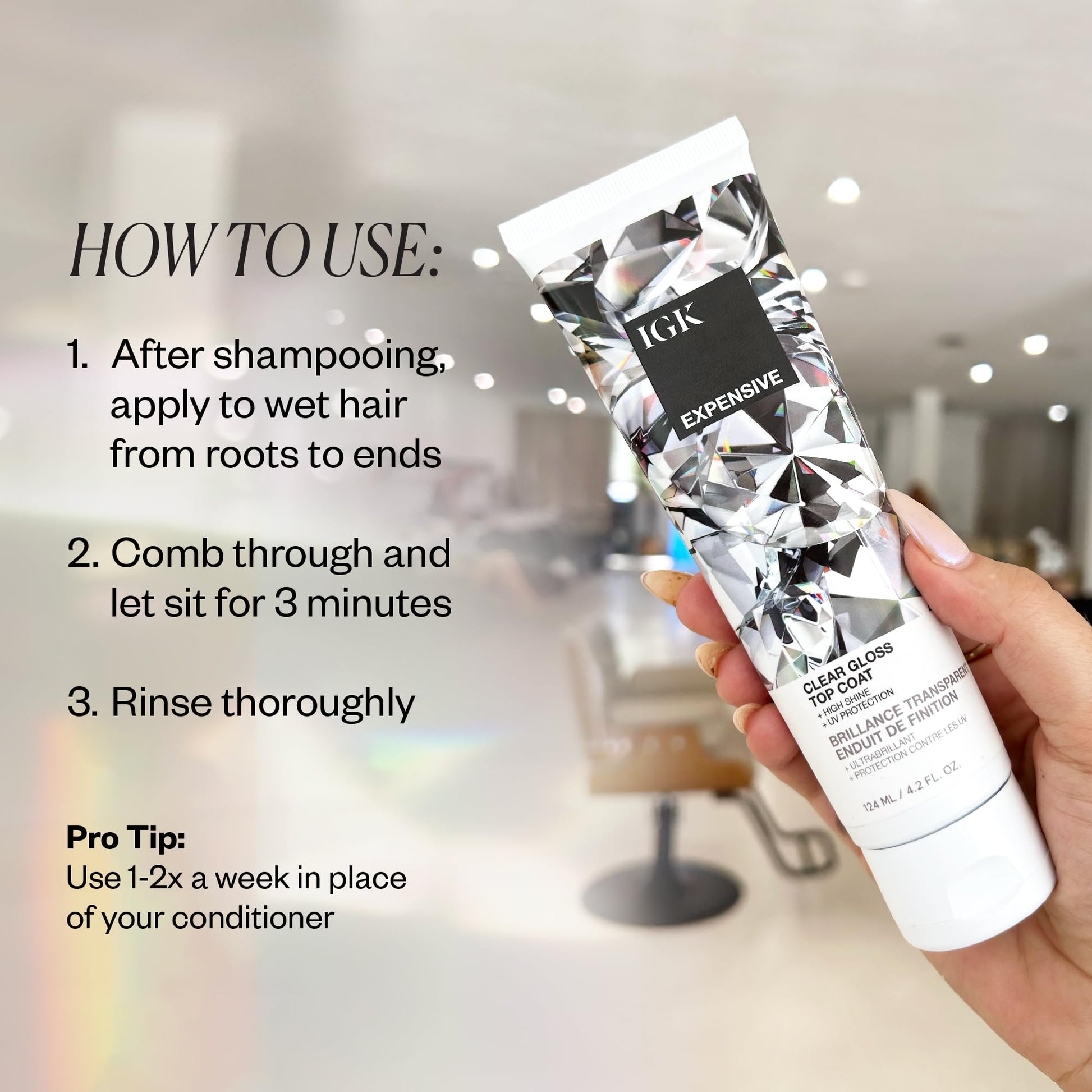 Light Gray IGK EXPENSIVE Clear Gloss Top Coat | High Shine Gloss Treatment for Soft, Smooth Glass Hair | Revives Color-Treated Hair and Helps Control Frizz | 4.2 Oz