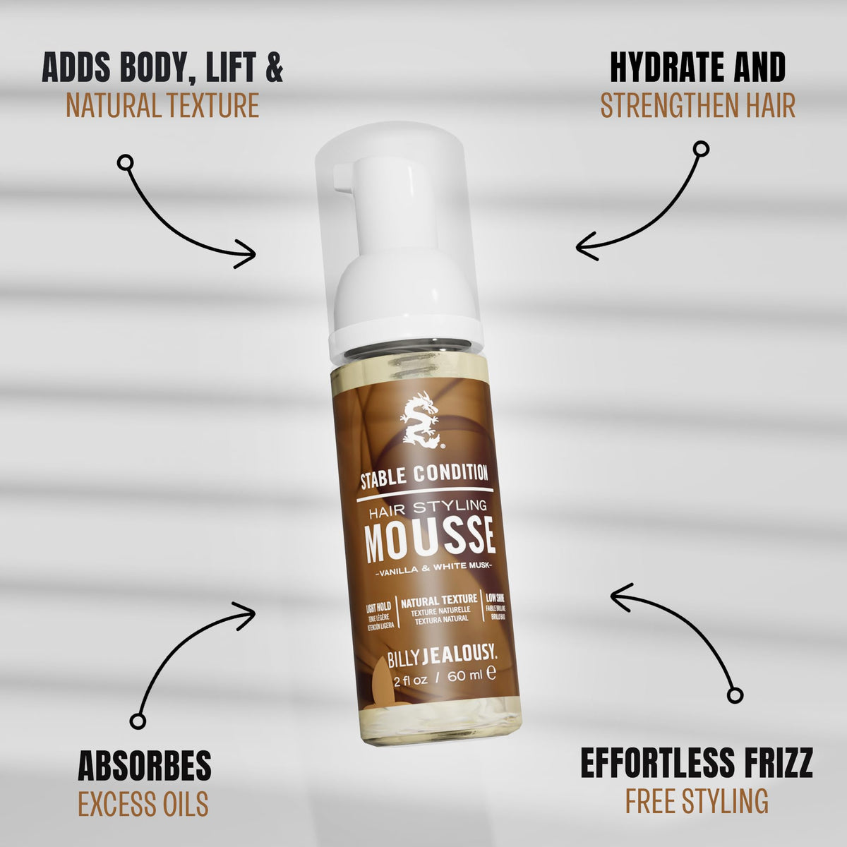 Light Gray Billy Jealousy Stable Condition Hair Styling Mousse for Men – Light Hold for Body & Lift, Frizz Control – Hydrates with Sea Moss & Kelp, Travel Size, Silicone & Residue-Free, Vegan, Vanilla White Musk